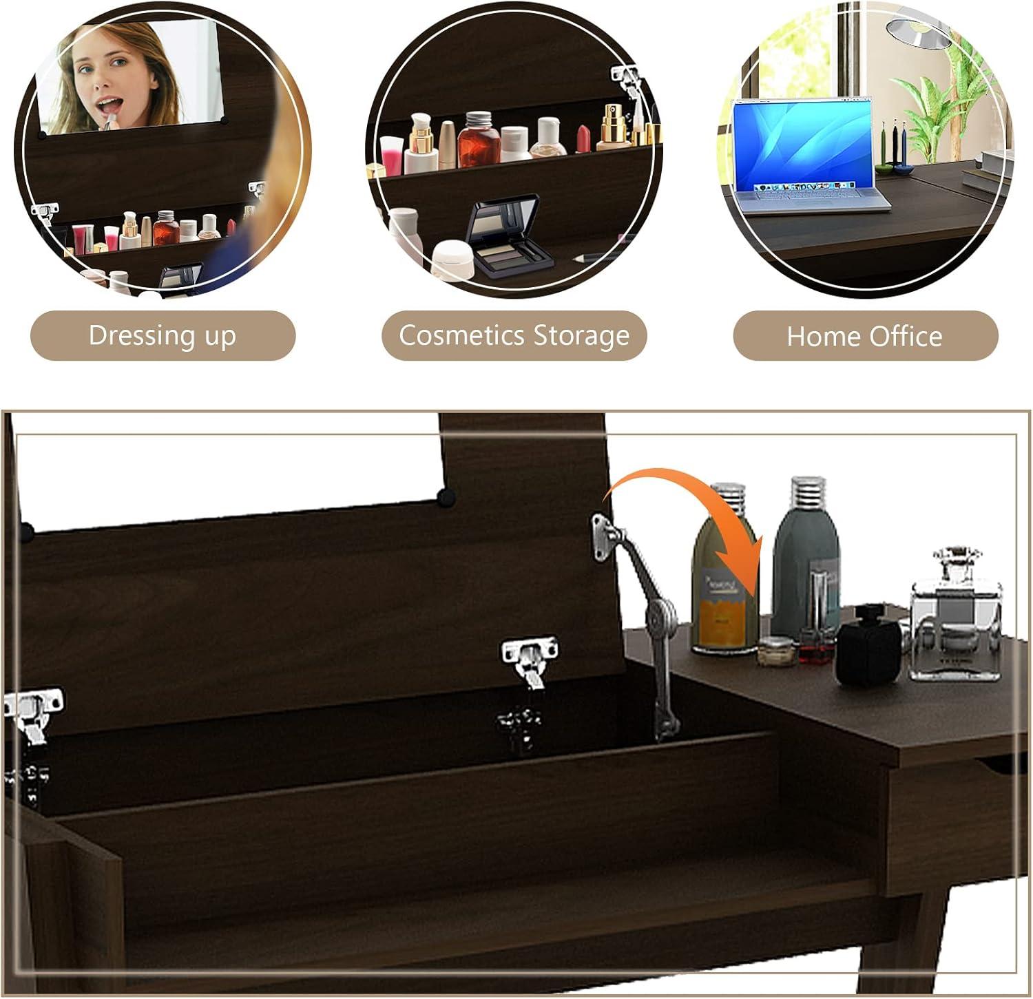 image:imageCHARMAID Large Vanity Table with Flip Top Mirror 48 Home Office Computer Desk Open Storage Cubby and Drawer Modern Wood Writing Makeup Dressing Table Easy Assembly Espresso