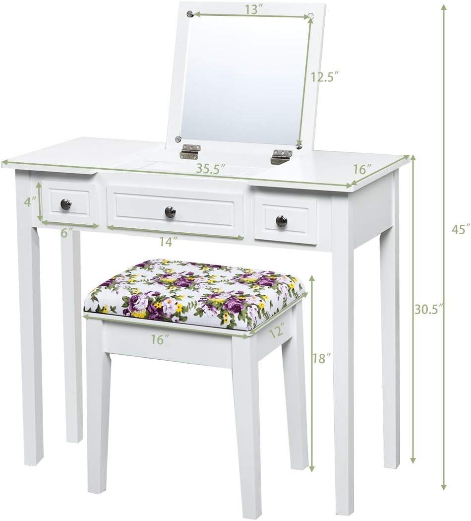 image:imageCHARMAID Makeup Vanity Desk with Flip Top Mirror 3 Drawers 7 Storage Compartments White Writing Desk Dressing Table Vanity Set with Cushioned Stool for Kids Girls Women Easy AssemblyWhite