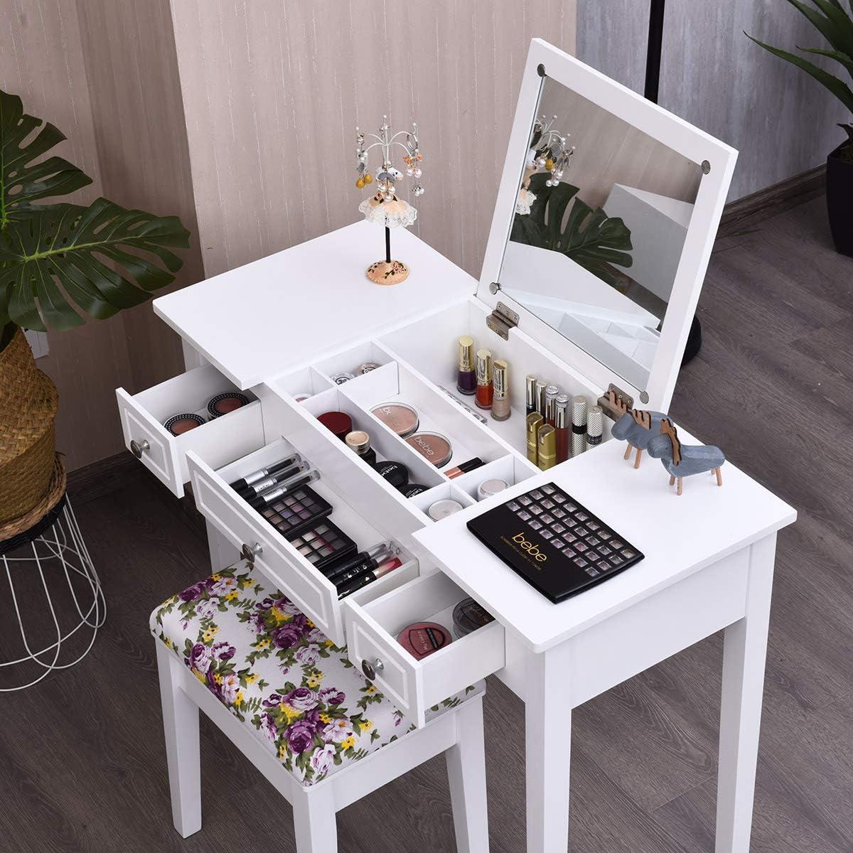 image:imageCHARMAID Makeup Vanity Desk with Flip Top Mirror 3 Drawers 7 Storage Compartments White Writing Desk Dressing Table Vanity Set with Cushioned Stool for Kids Girls Women Easy AssemblyWhite