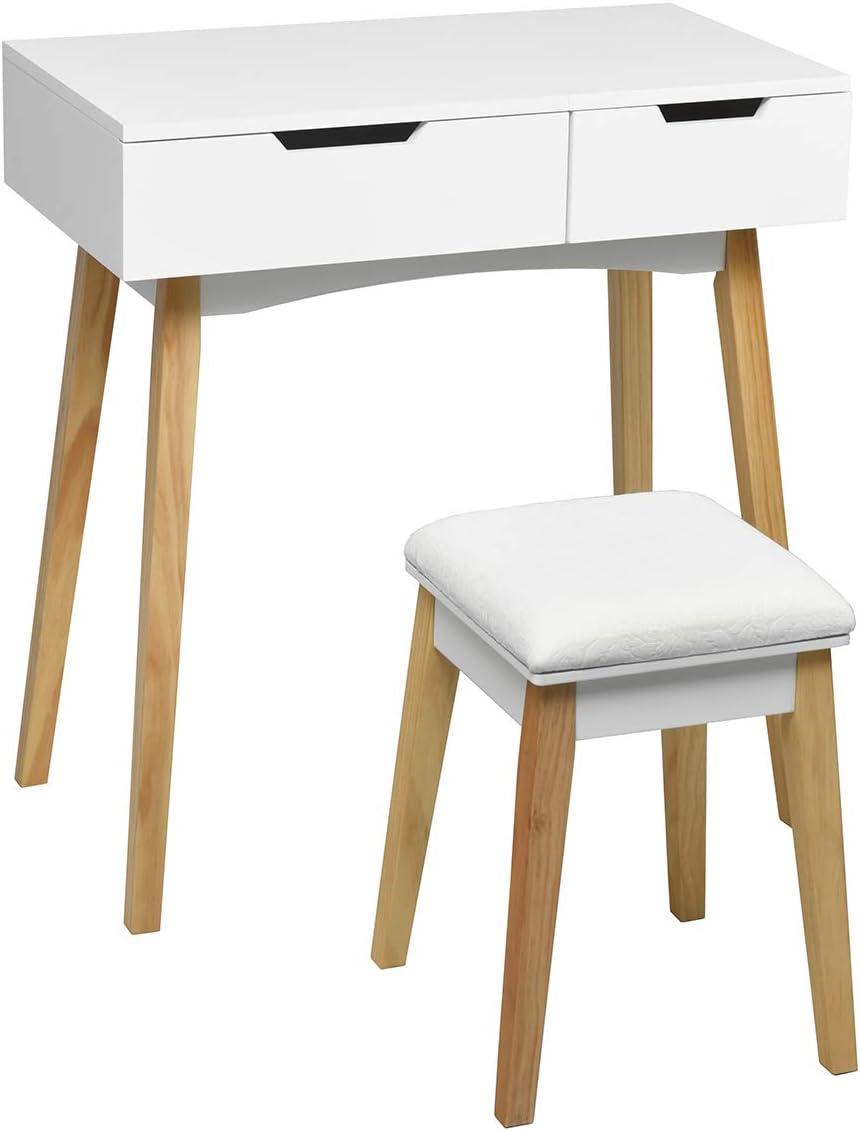 image:imageCHARMAID Makeup Vanity Desk with Flip Top Mirror 3 Drawers 7 Storage Compartments White Writing Desk Dressing Table Vanity Set with Cushioned Stool for Kids Girls Women Easy AssemblyWhite