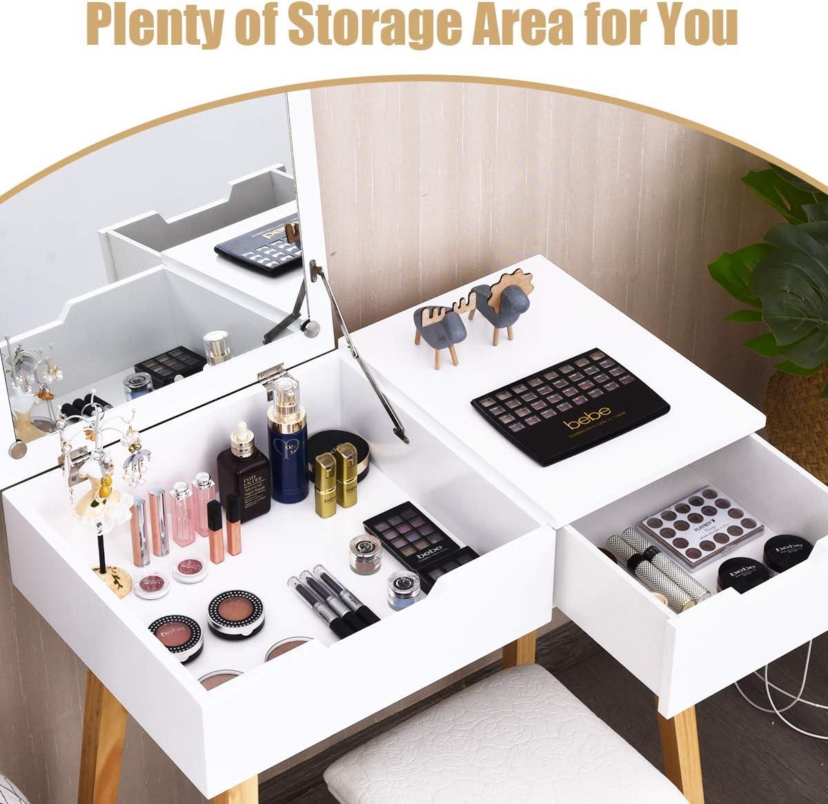 image:imageCHARMAID Makeup Vanity Desk with Flip Top Mirror 3 Drawers 7 Storage Compartments White Writing Desk Dressing Table Vanity Set with Cushioned Stool for Kids Girls Women Easy AssemblyWhite
