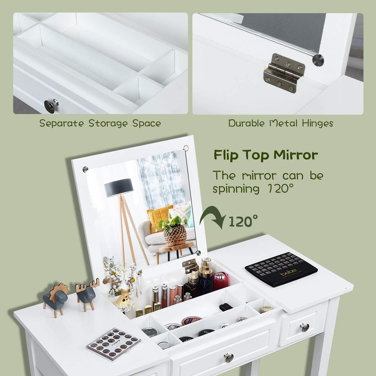 image:imageCHARMAID Makeup Vanity Desk with Flip Top Mirror 3 Drawers 7 Storage Compartments White Writing Desk Dressing Table Vanity Set with Cushioned Stool for Kids Girls Women Easy AssemblyWhite
