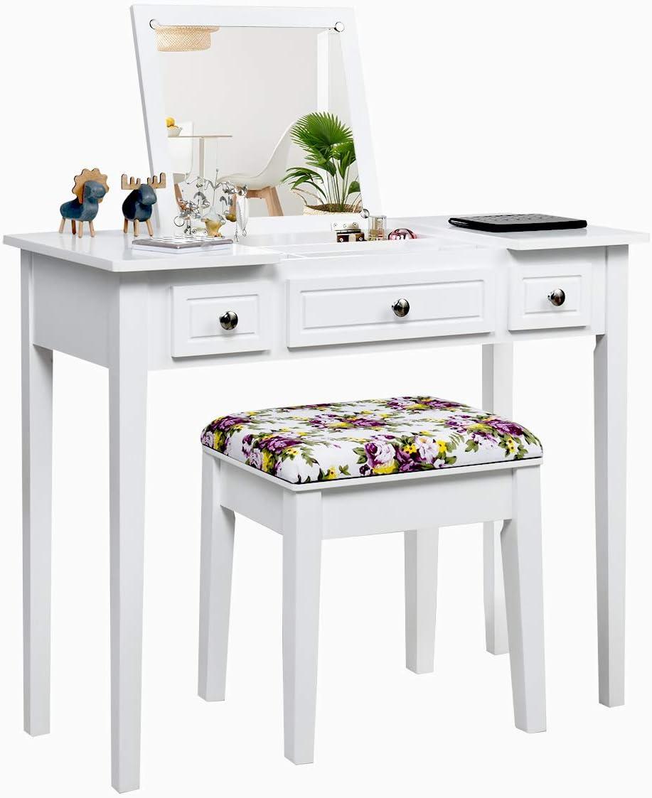 image:imageCHARMAID Makeup Vanity Desk with Flip Top Mirror 3 Drawers 7 Storage Compartments White Writing Desk Dressing Table Vanity Set with Cushioned Stool for Kids Girls Women Easy AssemblyWhite