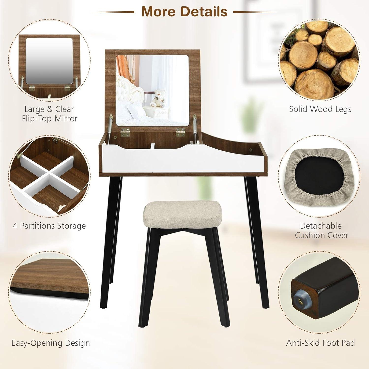 image:imageCHARMAID Makeup Vanity Desk with Flip Top Mirror 3 Drawers 7 Storage Compartments White Writing Desk Dressing Table Vanity Set with Cushioned Stool for Kids Girls Women Easy AssemblyBrown