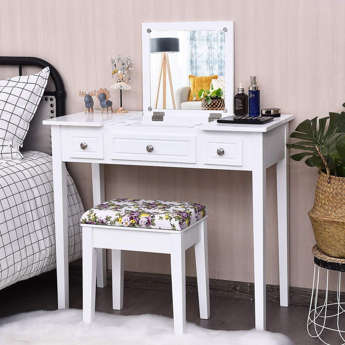 image:imageCHARMAID Makeup Vanity Desk with Flip Top Mirror 3 Drawers 7 Storage Compartments White Writing Desk Dressing Table Vanity Set with Cushioned Stool for Kids Girls Women Easy AssemblyWhite