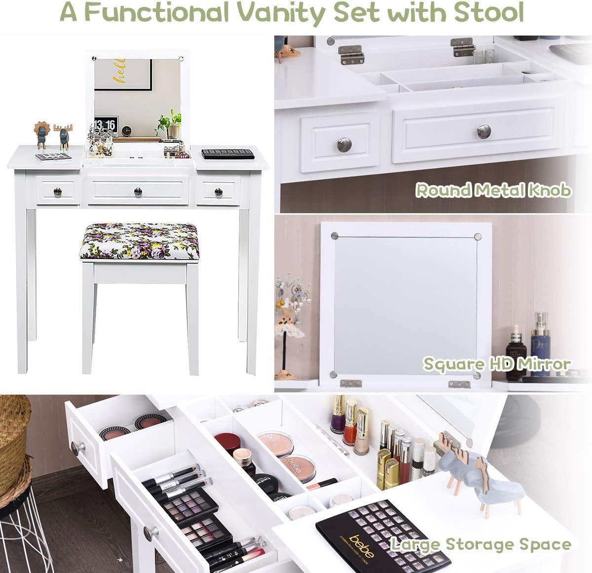 image:imageCHARMAID Makeup Vanity Desk with Flip Top Mirror 3 Drawers 7 Storage Compartments White Writing Desk Dressing Table Vanity Set with Cushioned Stool for Kids Girls Women Easy AssemblyWhite