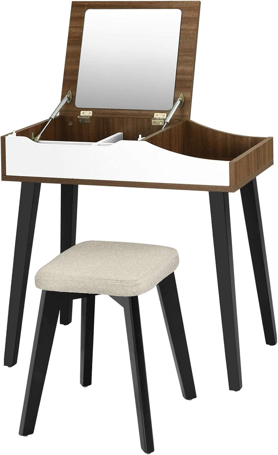 image:imageCHARMAID Makeup Vanity Desk with Flip Top Mirror 3 Drawers 7 Storage Compartments White Writing Desk Dressing Table Vanity Set with Cushioned Stool for Kids Girls Women Easy AssemblyBrown