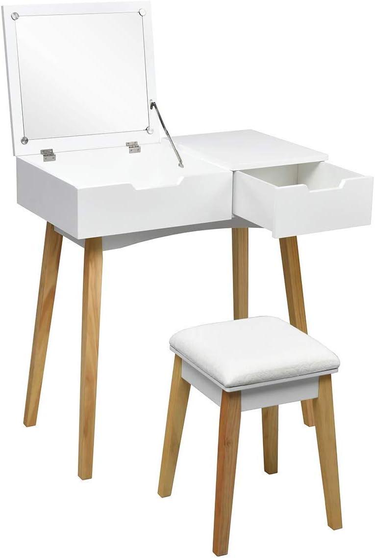 image:imageCHARMAID Makeup Vanity Desk with Flip Top Mirror 3 Drawers 7 Storage Compartments White Writing Desk Dressing Table Vanity Set with Cushioned Stool for Kids Girls Women Easy AssemblyWhite