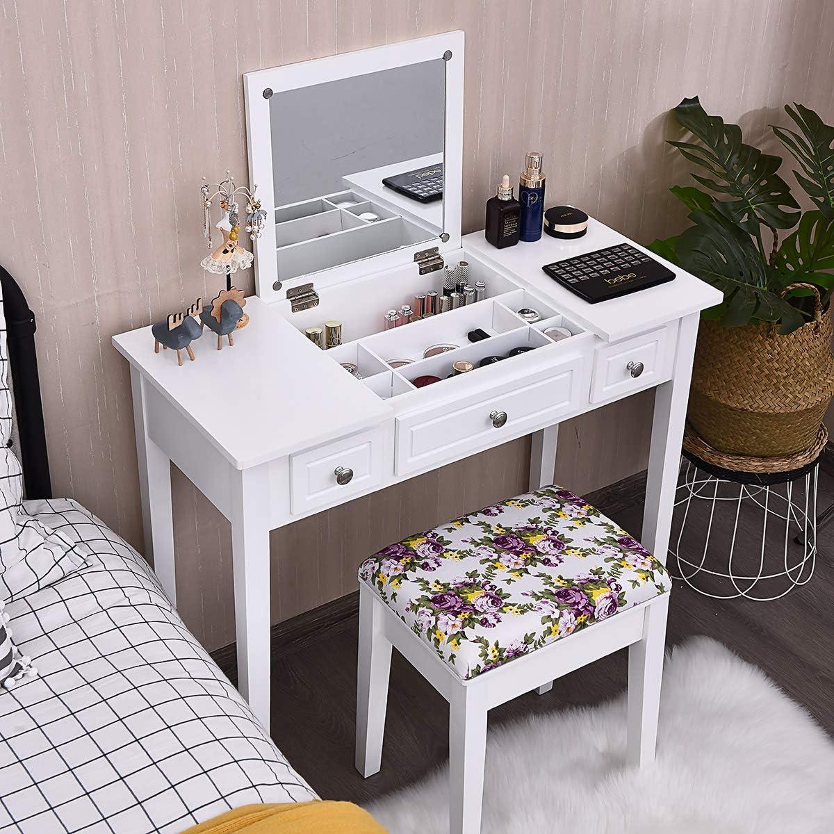 image:imageCHARMAID Makeup Vanity Desk with Flip Top Mirror 3 Drawers 7 Storage Compartments White Writing Desk Dressing Table Vanity Set with Cushioned Stool for Kids Girls Women Easy AssemblyWhite