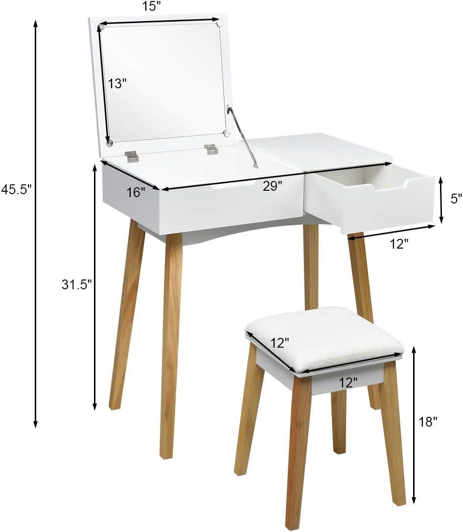image:imageCHARMAID Makeup Vanity Desk with Flip Top Mirror 3 Drawers 7 Storage Compartments White Writing Desk Dressing Table Vanity Set with Cushioned Stool for Kids Girls Women Easy AssemblyWhite
