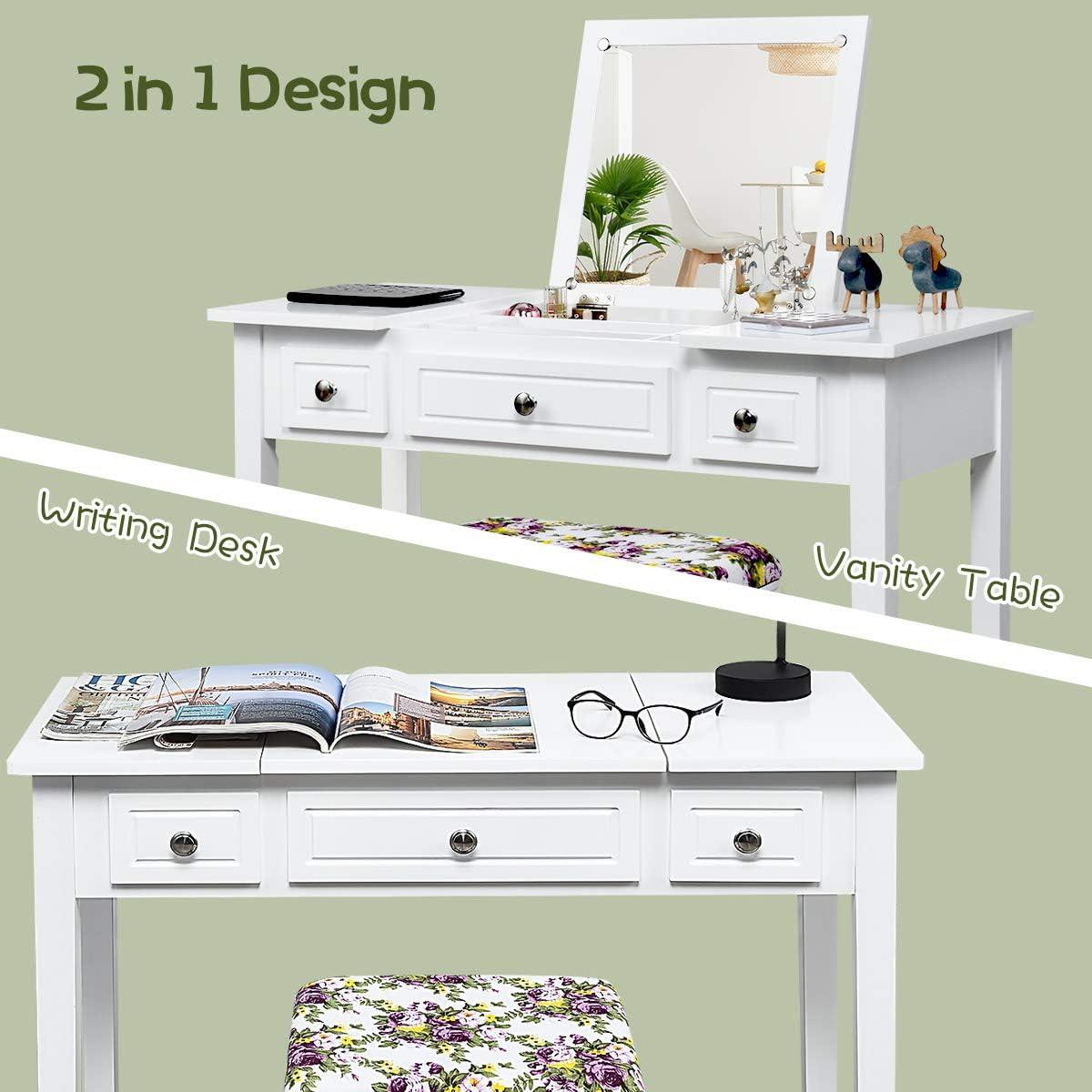 image:imageCHARMAID Makeup Vanity Desk with Flip Top Mirror 3 Drawers 7 Storage Compartments White Writing Desk Dressing Table Vanity Set with Cushioned Stool for Kids Girls Women Easy AssemblyWhite