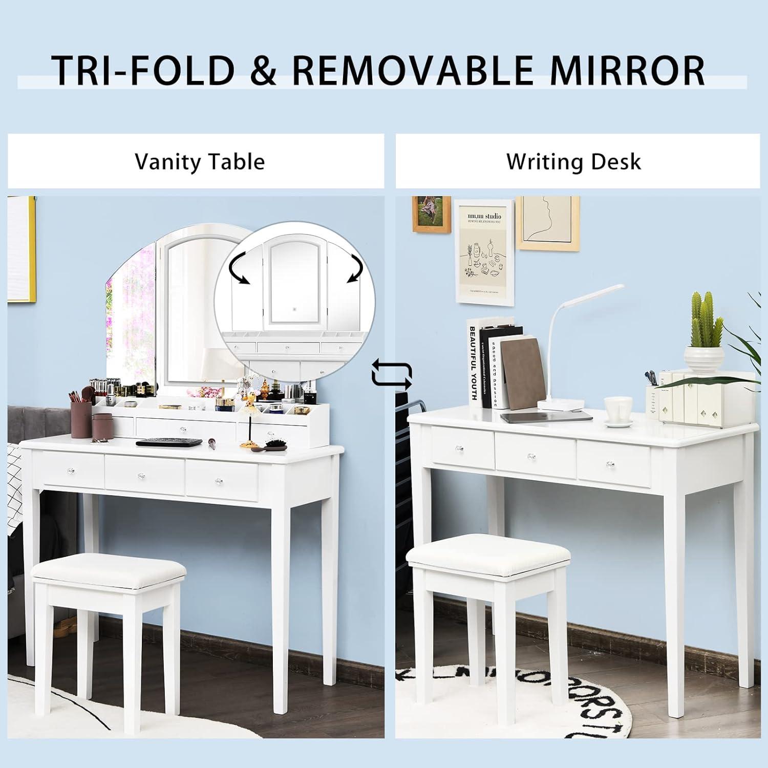 image:imageCHARMAID Makeup Vanity Desk with Lights and Mirror TriFolding Lighted Mirror with 3 Color Modes Vanity Table Set with 6 Drawers 12 Storage Compartments amp Cushioned Stool for Bedroom BlackWhite