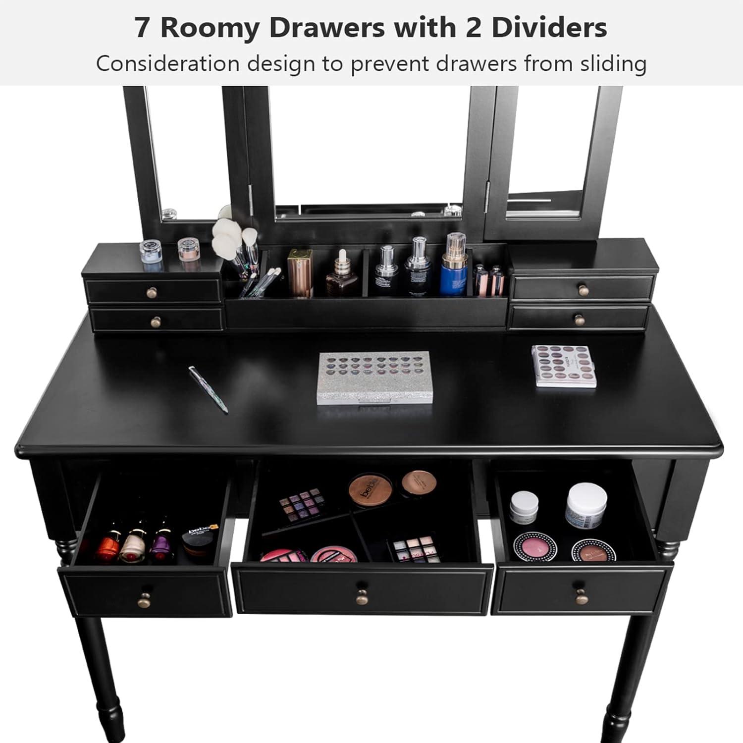 image:imageCHARMAID Makeup Vanity Desk with Lights and Mirror TriFolding Lighted Mirror with 3 Color Modes Vanity Table Set with 6 Drawers 12 Storage Compartments amp Cushioned Stool for Bedroom BlackBlack