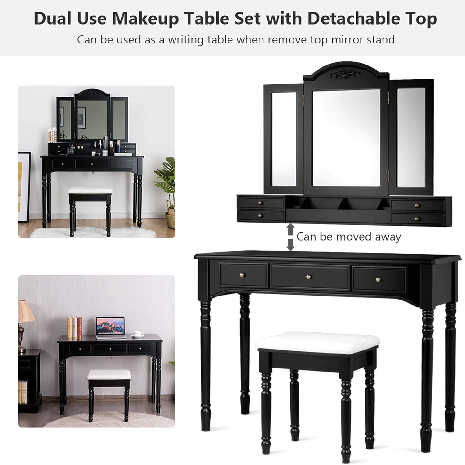 image:imageCHARMAID Makeup Vanity Desk with Lights and Mirror TriFolding Lighted Mirror with 3 Color Modes Vanity Table Set with 6 Drawers 12 Storage Compartments amp Cushioned Stool for Bedroom BlackBlack