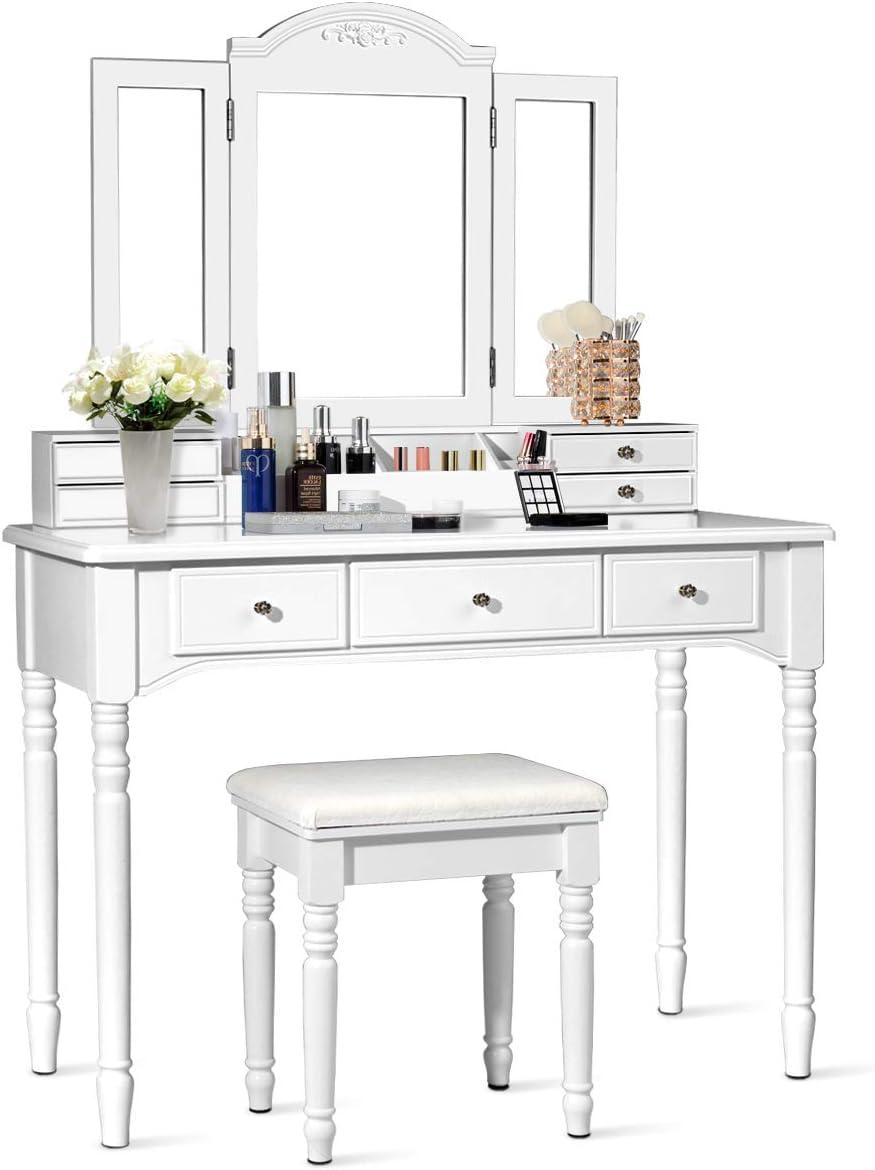 image:imageCHARMAID Makeup Vanity Desk with Lights and Mirror TriFolding Lighted Mirror with 3 Color Modes Vanity Table Set with 6 Drawers 12 Storage Compartments amp Cushioned Stool for Bedroom BlackWhite