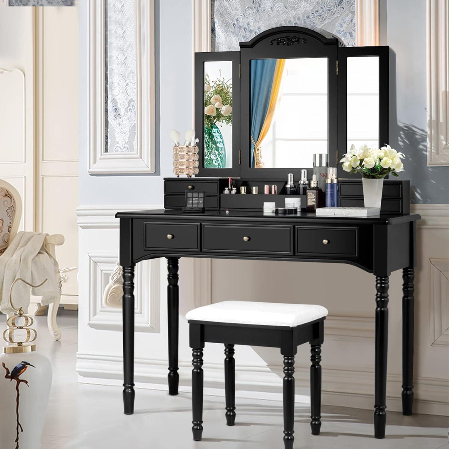 image:imageCHARMAID Makeup Vanity Desk with Lights and Mirror TriFolding Lighted Mirror with 3 Color Modes Vanity Table Set with 6 Drawers 12 Storage Compartments amp Cushioned Stool for Bedroom BlackBlack