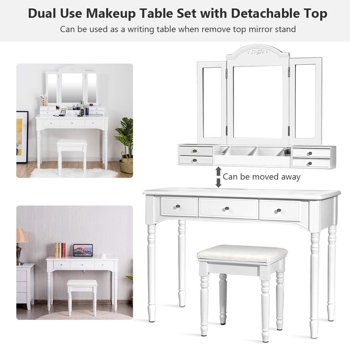 image:imageCHARMAID Makeup Vanity Desk with Lights and Mirror TriFolding Lighted Mirror with 3 Color Modes Vanity Table Set with 6 Drawers 12 Storage Compartments amp Cushioned Stool for Bedroom BlackWhite