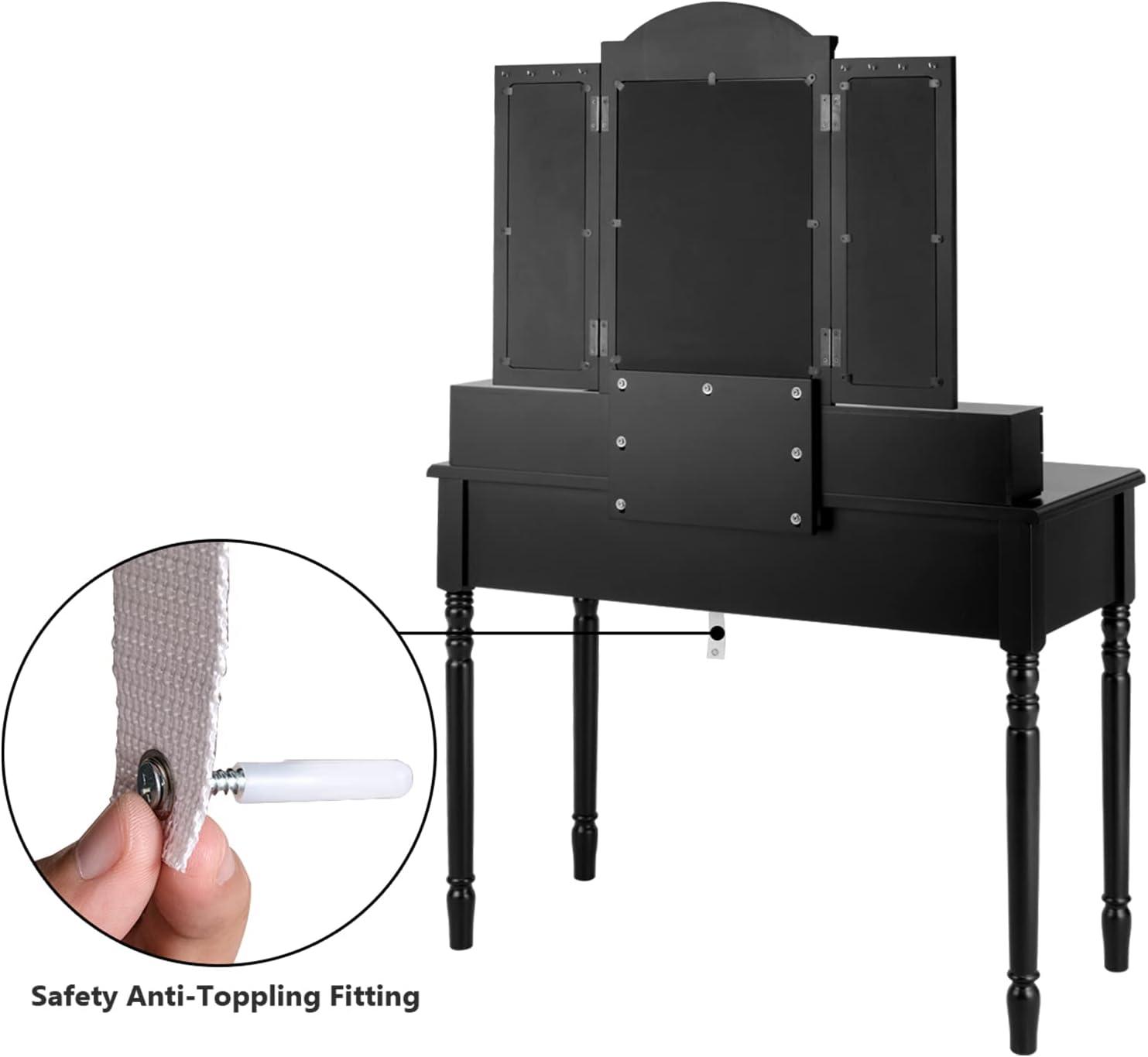 image:imageCHARMAID Makeup Vanity Desk with Lights and Mirror TriFolding Lighted Mirror with 3 Color Modes Vanity Table Set with 6 Drawers 12 Storage Compartments amp Cushioned Stool for Bedroom BlackBlack