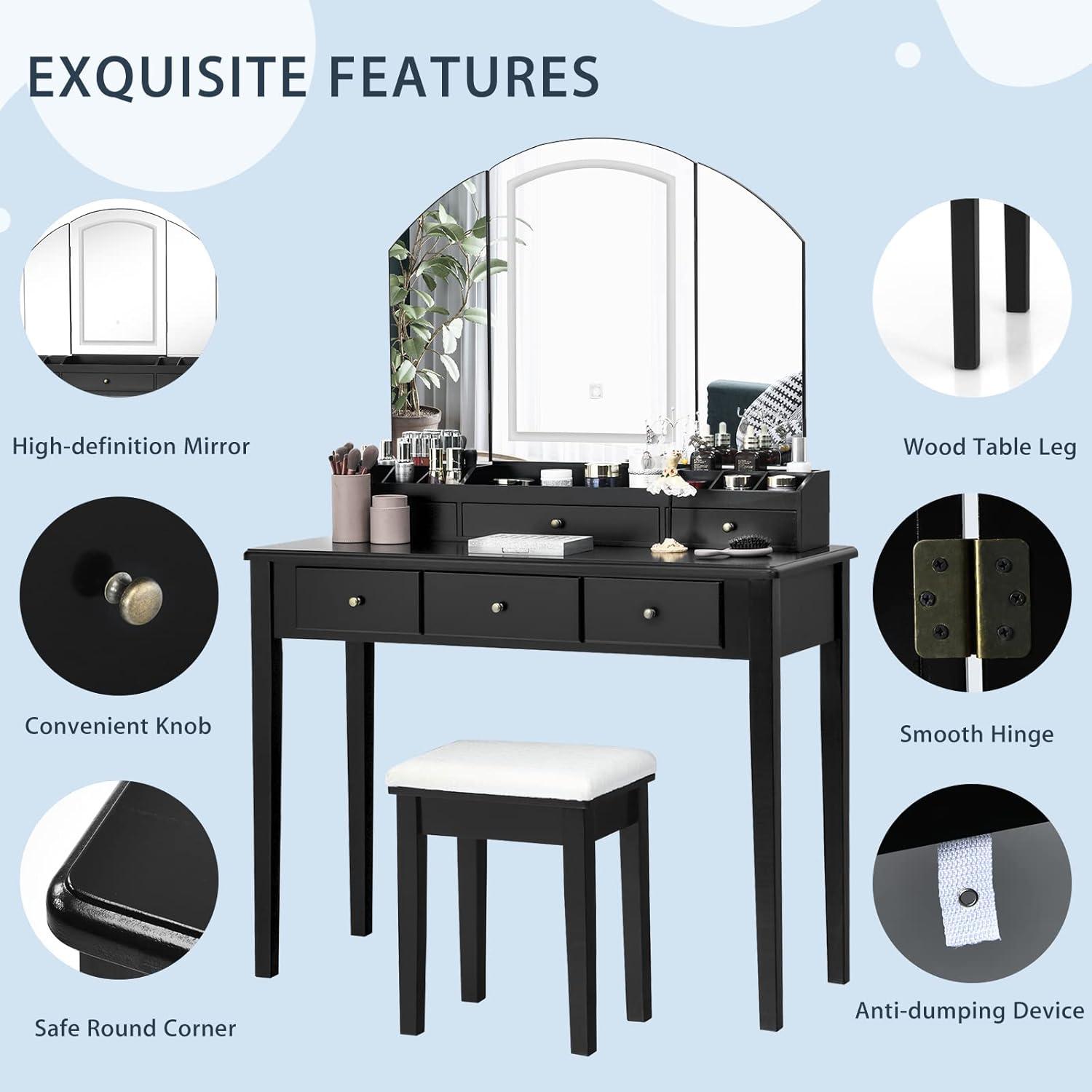 image:imageCHARMAID Makeup Vanity Desk with Lights and Mirror TriFolding Lighted Mirror with 3 Color Modes Vanity Table Set with 6 Drawers 12 Storage Compartments amp Cushioned Stool for Bedroom BlackBlack