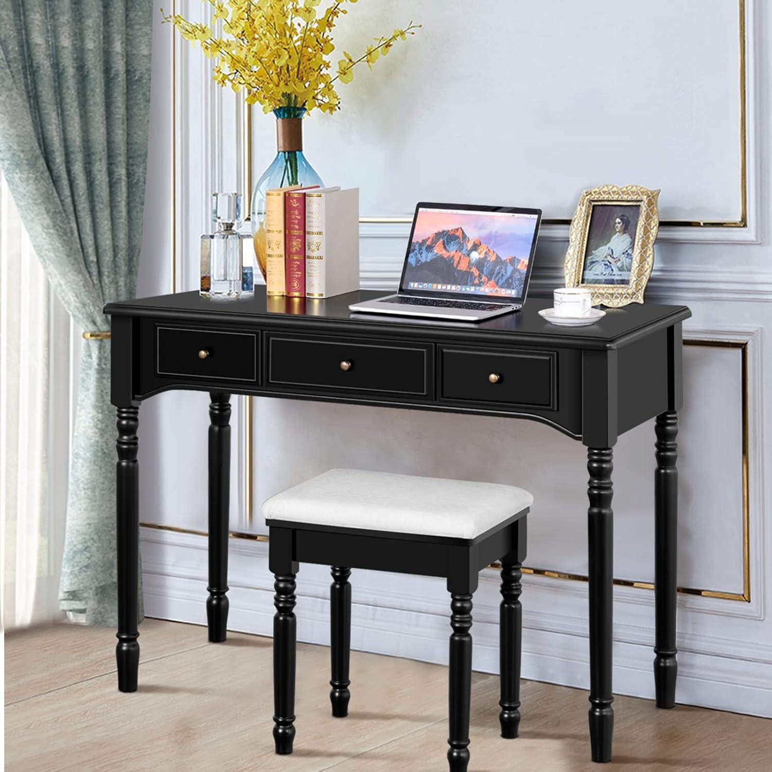 image:imageCHARMAID Makeup Vanity Desk with Lights and Mirror TriFolding Lighted Mirror with 3 Color Modes Vanity Table Set with 6 Drawers 12 Storage Compartments amp Cushioned Stool for Bedroom BlackBlack