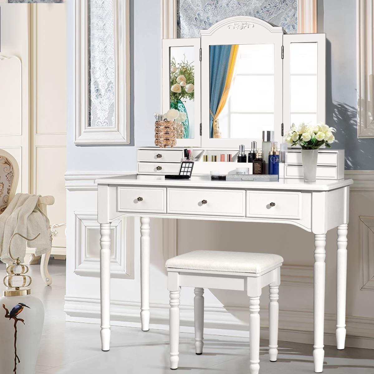 image:imageCHARMAID Makeup Vanity Desk with Lights and Mirror TriFolding Lighted Mirror with 3 Color Modes Vanity Table Set with 6 Drawers 12 Storage Compartments amp Cushioned Stool for Bedroom BlackWhite
