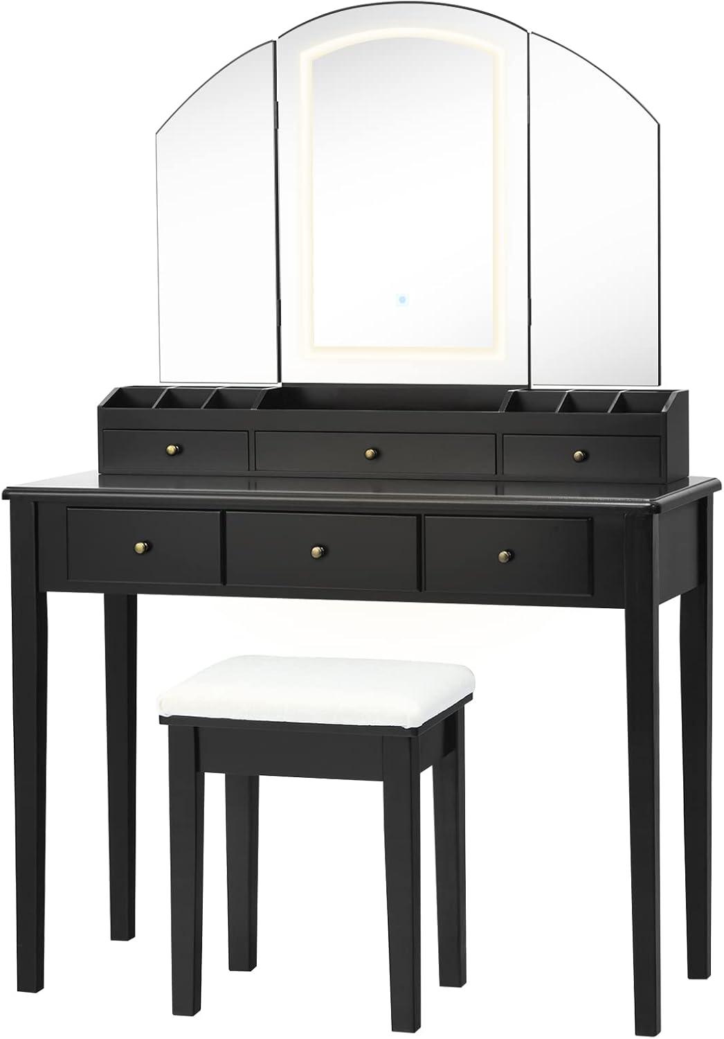 image:imageCHARMAID Makeup Vanity Desk with Lights and Mirror TriFolding Lighted Mirror with 3 Color Modes Vanity Table Set with 6 Drawers 12 Storage Compartments amp Cushioned Stool for Bedroom BlackBlack