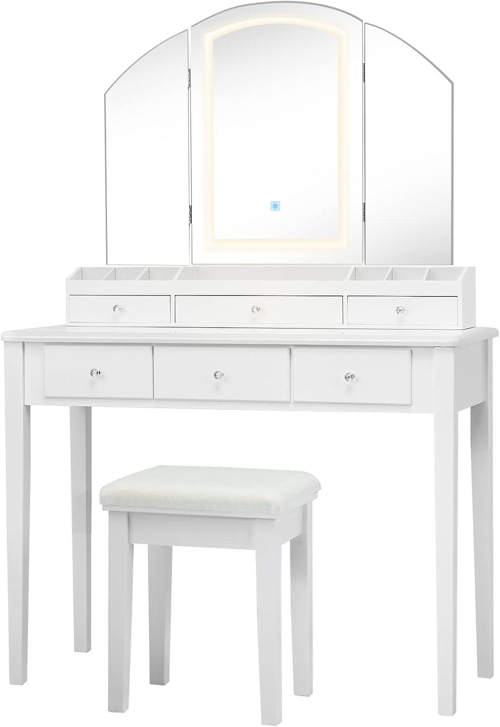 image:imageCHARMAID Makeup Vanity Desk with Lights and Mirror TriFolding Lighted Mirror with 3 Color Modes Vanity Table Set with 6 Drawers 12 Storage Compartments amp Cushioned Stool for Bedroom BlackWhite
