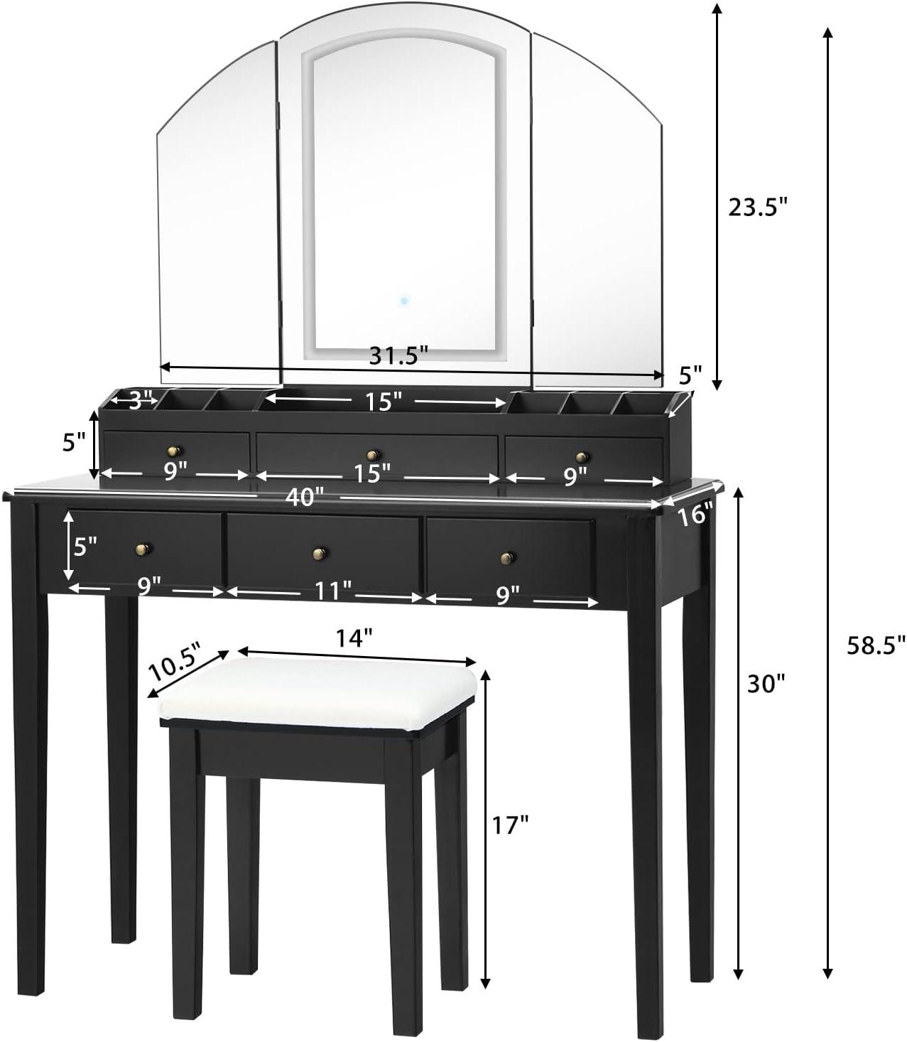 image:imageCHARMAID Makeup Vanity Desk with Lights and Mirror TriFolding Lighted Mirror with 3 Color Modes Vanity Table Set with 6 Drawers 12 Storage Compartments amp Cushioned Stool for Bedroom BlackBlack