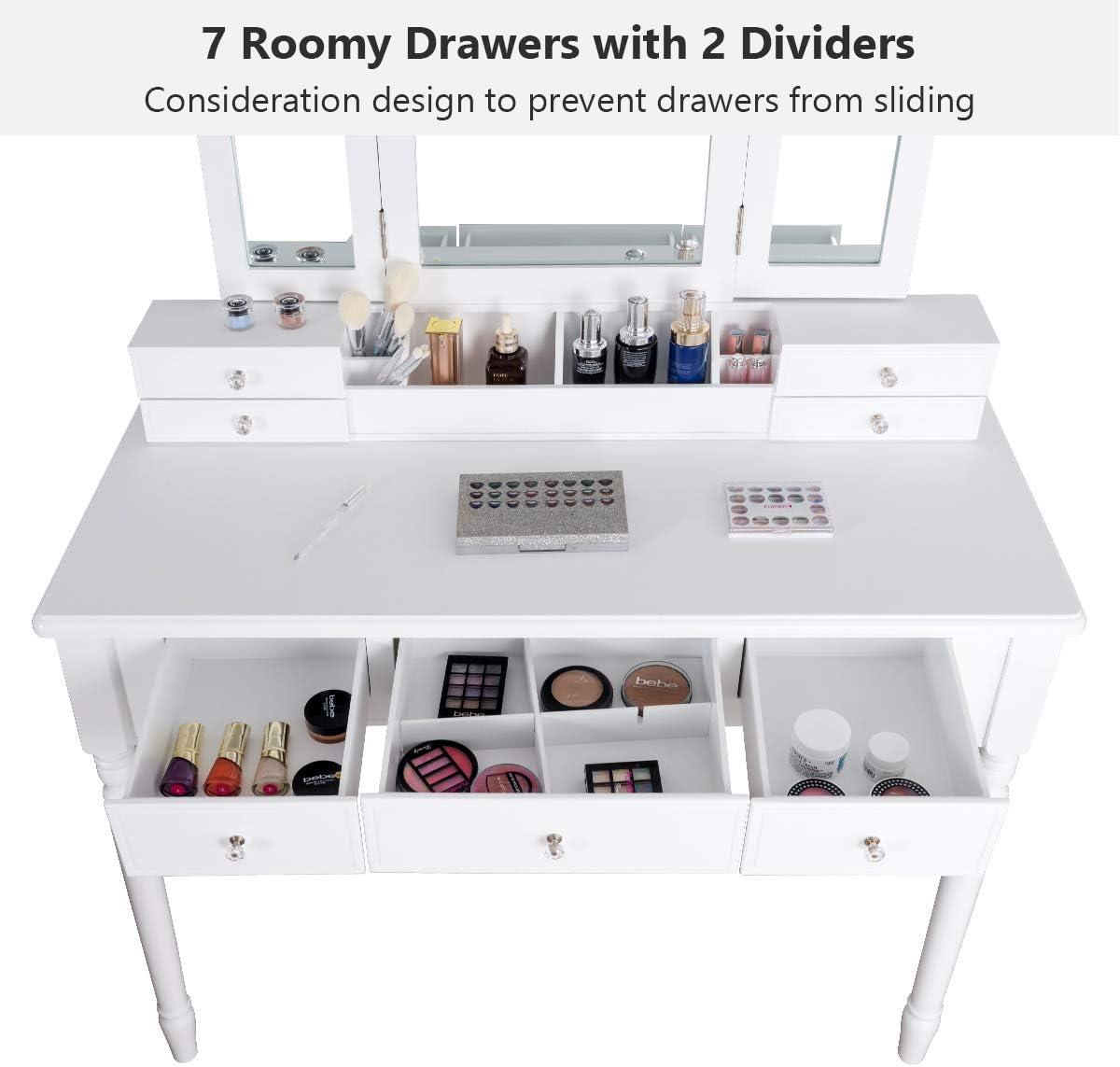 image:imageCHARMAID Makeup Vanity Desk with Lights and Mirror TriFolding Lighted Mirror with 3 Color Modes Vanity Table Set with 6 Drawers 12 Storage Compartments amp Cushioned Stool for Bedroom BlackWhite
