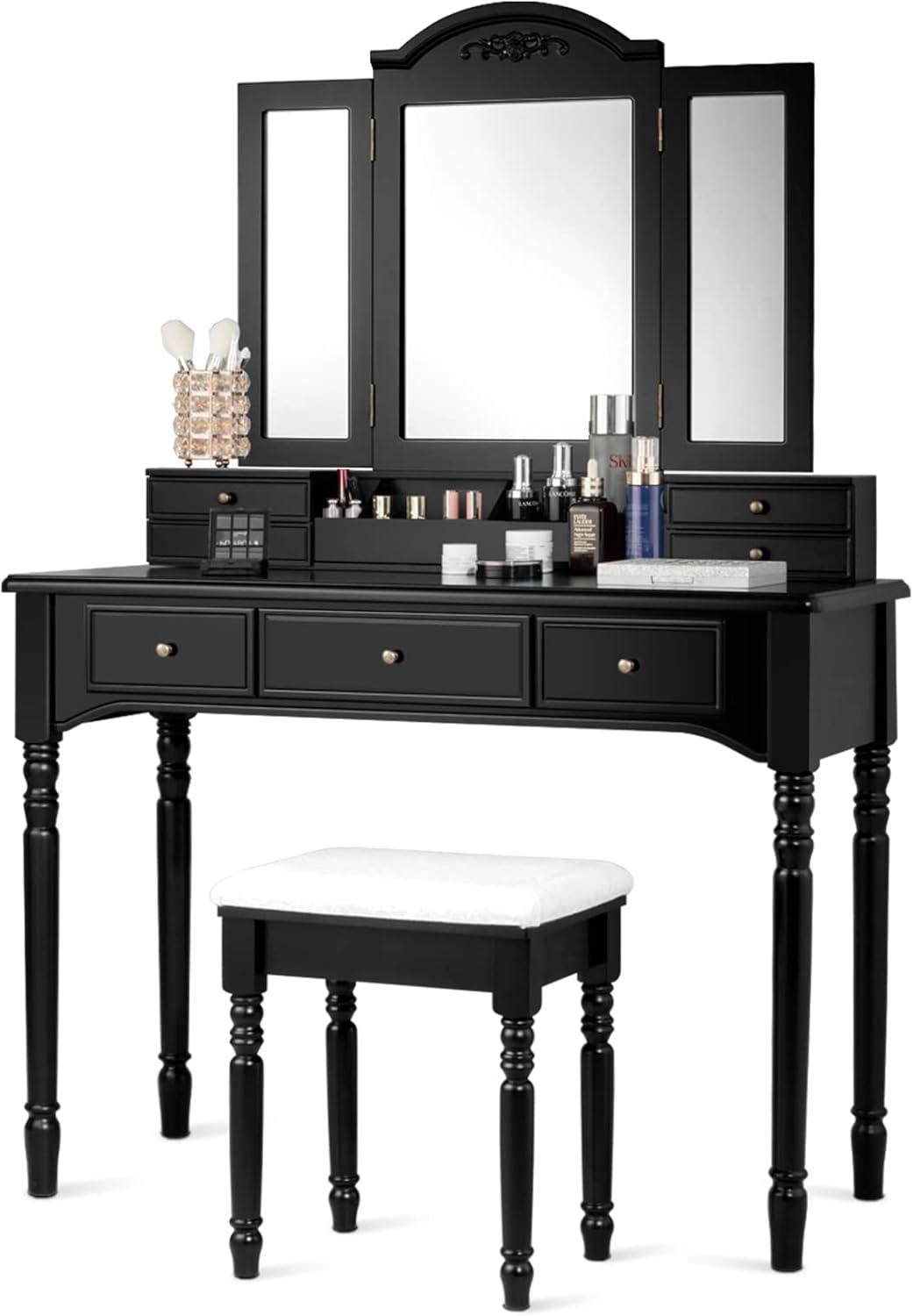 image:imageCHARMAID Makeup Vanity Desk with Lights and Mirror TriFolding Lighted Mirror with 3 Color Modes Vanity Table Set with 6 Drawers 12 Storage Compartments amp Cushioned Stool for Bedroom BlackBlack