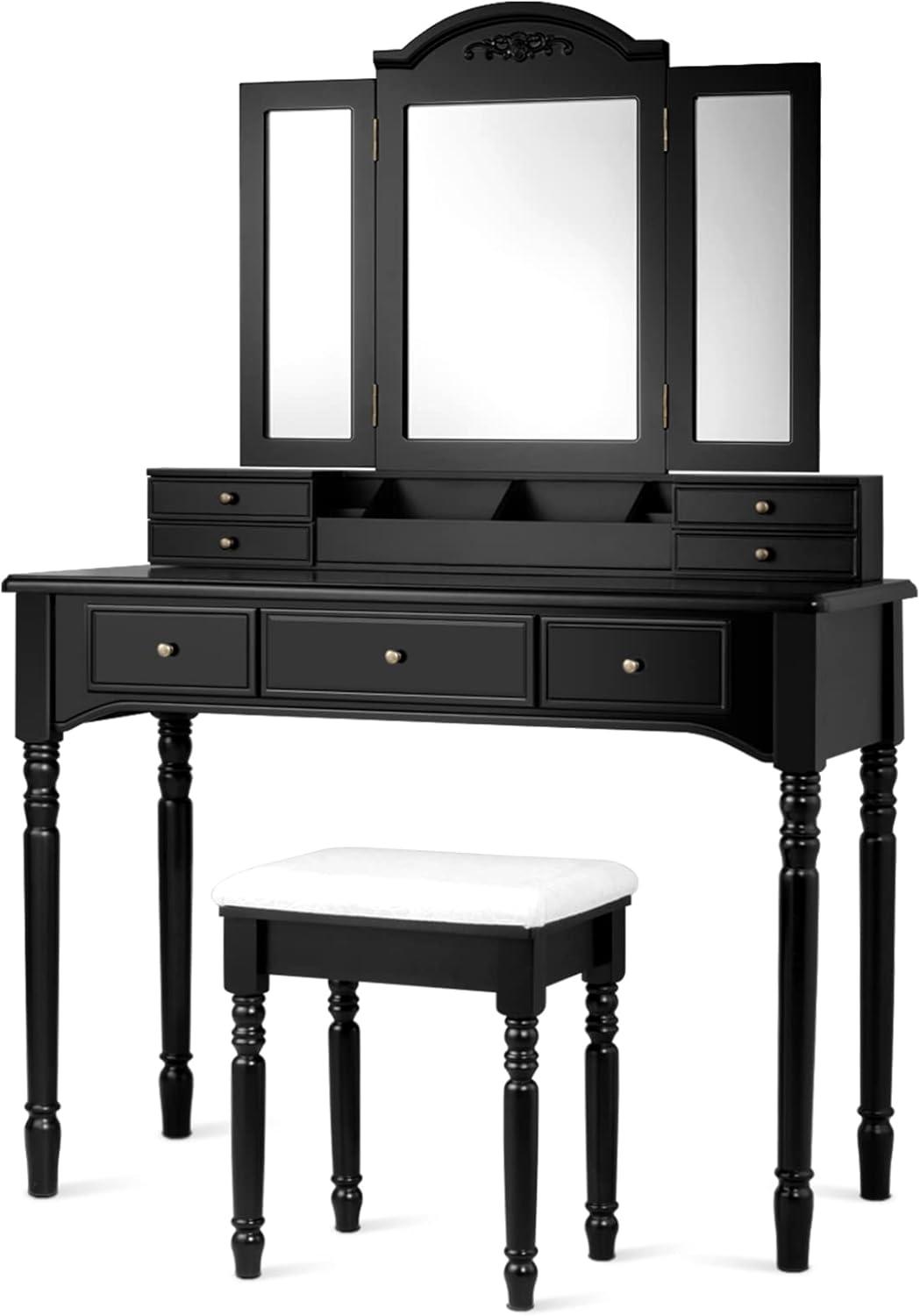 image:imageCHARMAID Makeup Vanity Desk with Lights and Mirror TriFolding Lighted Mirror with 3 Color Modes Vanity Table Set with 6 Drawers 12 Storage Compartments amp Cushioned Stool for Bedroom BlackBlack
