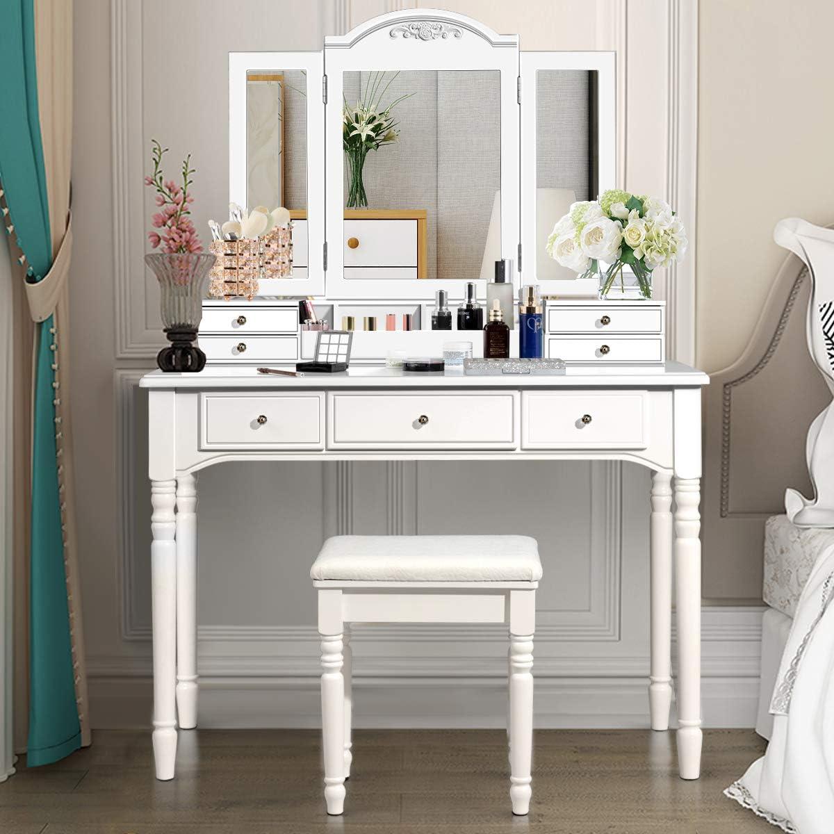 image:imageCHARMAID Makeup Vanity Desk with Lights and Mirror TriFolding Lighted Mirror with 3 Color Modes Vanity Table Set with 6 Drawers 12 Storage Compartments amp Cushioned Stool for Bedroom BlackWhite