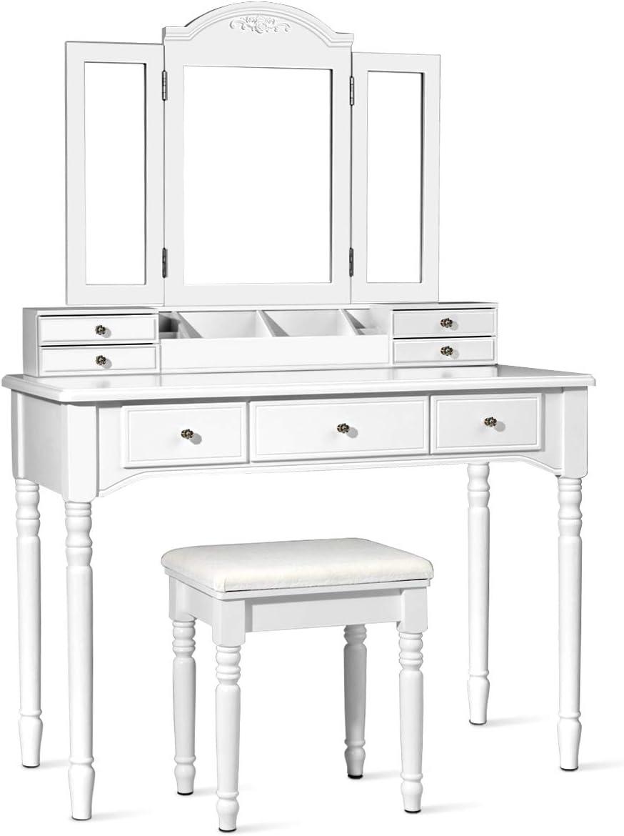 image:imageCHARMAID Makeup Vanity Desk with Lights and Mirror TriFolding Lighted Mirror with 3 Color Modes Vanity Table Set with 6 Drawers 12 Storage Compartments amp Cushioned Stool for Bedroom BlackWhite