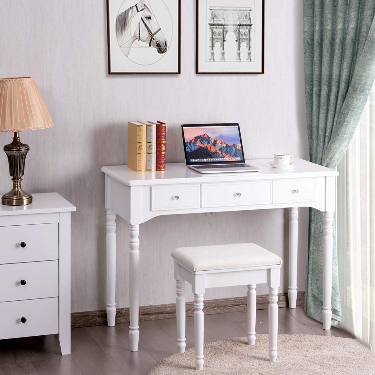 image:imageCHARMAID Makeup Vanity Desk with Lights and Mirror TriFolding Lighted Mirror with 3 Color Modes Vanity Table Set with 6 Drawers 12 Storage Compartments amp Cushioned Stool for Bedroom BlackWhite