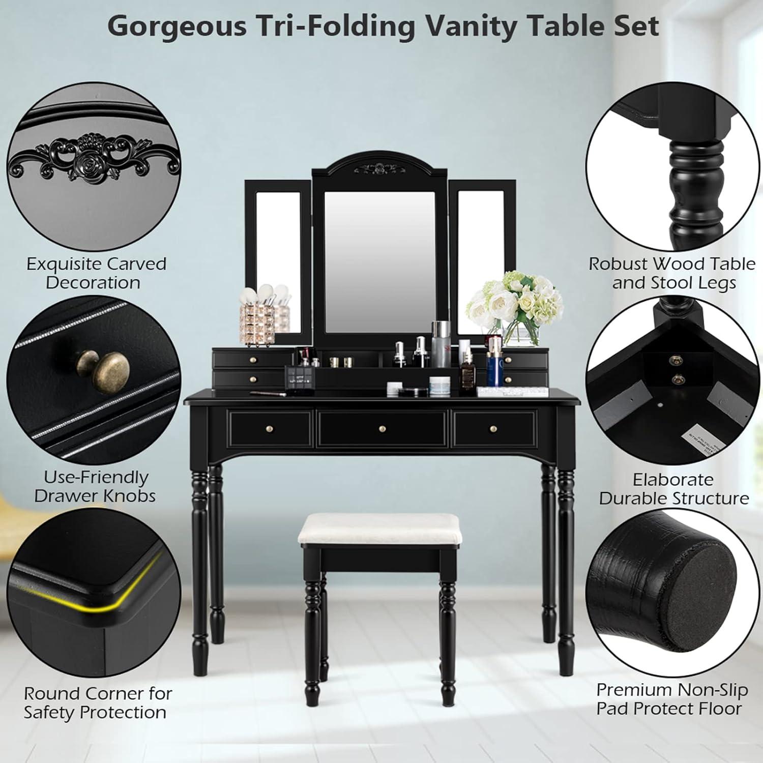 image:imageCHARMAID Makeup Vanity Desk with Lights and Mirror TriFolding Lighted Mirror with 3 Color Modes Vanity Table Set with 6 Drawers 12 Storage Compartments amp Cushioned Stool for Bedroom BlackBlack