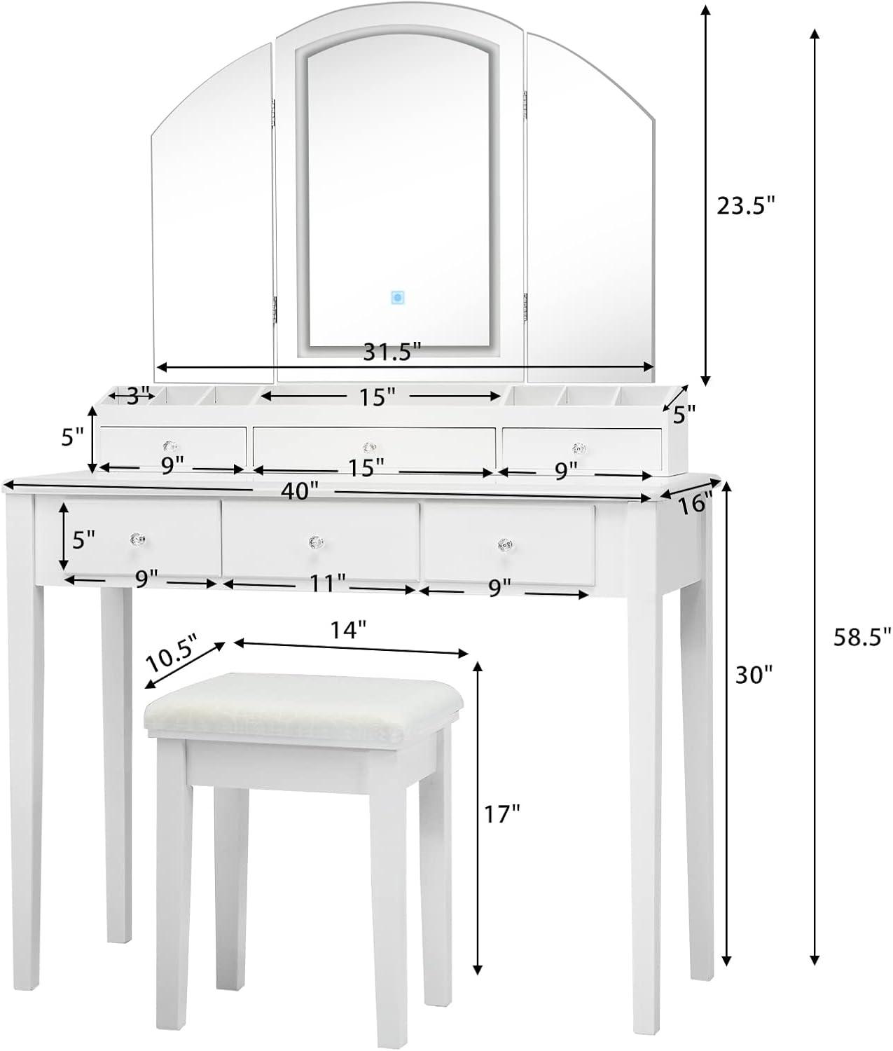 image:imageCHARMAID Makeup Vanity Desk with Lights and Mirror TriFolding Lighted Mirror with 3 Color Modes Vanity Table Set with 6 Drawers 12 Storage Compartments amp Cushioned Stool for Bedroom BlackWhite
