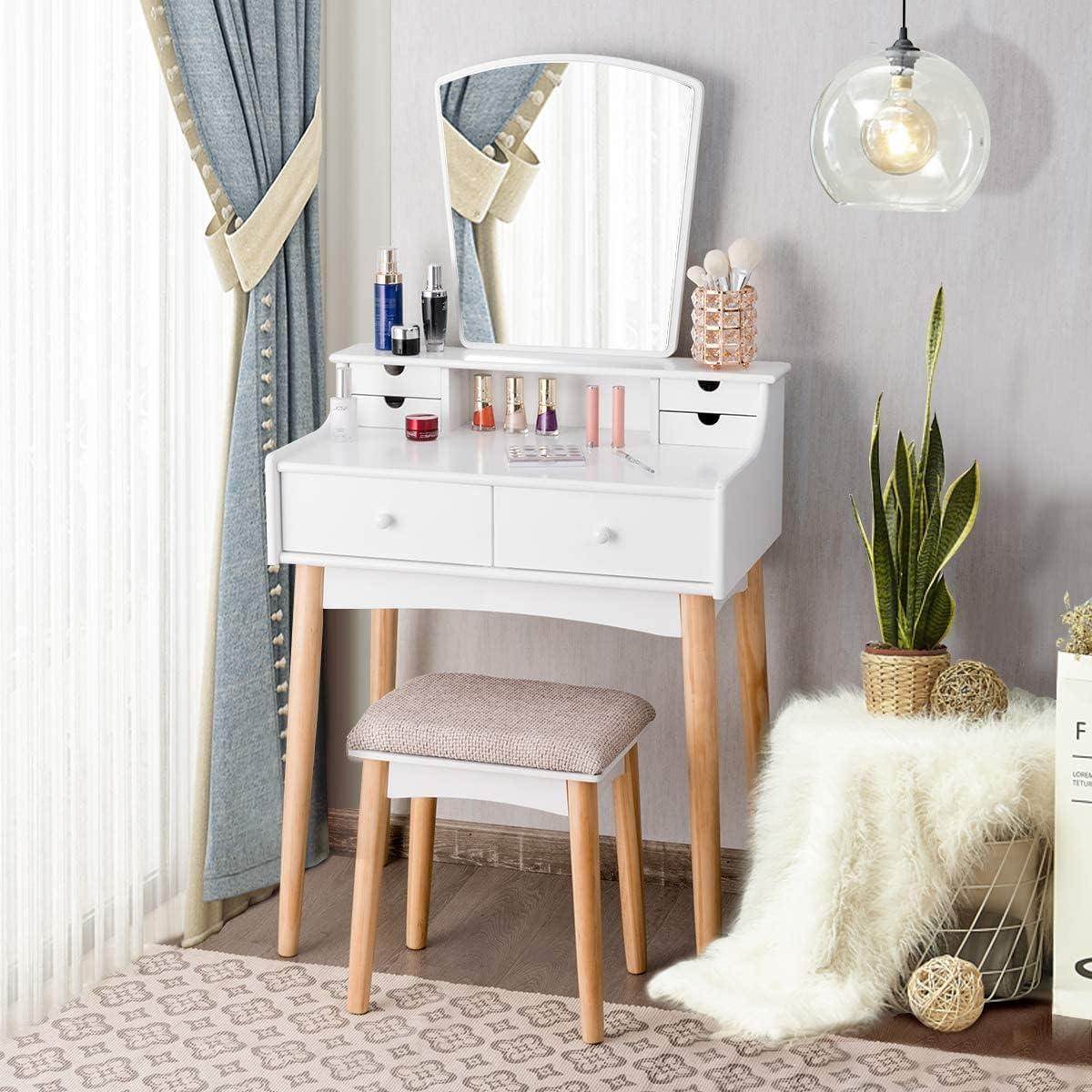 image:imageCHARMAID Small Vanity Desk with Mirror White Makeup Vanity Desk with 3 Drawers Adjustable Heights Compact Bedroom Dressing Table with Stool for Small SpaceWhite Natural No Light