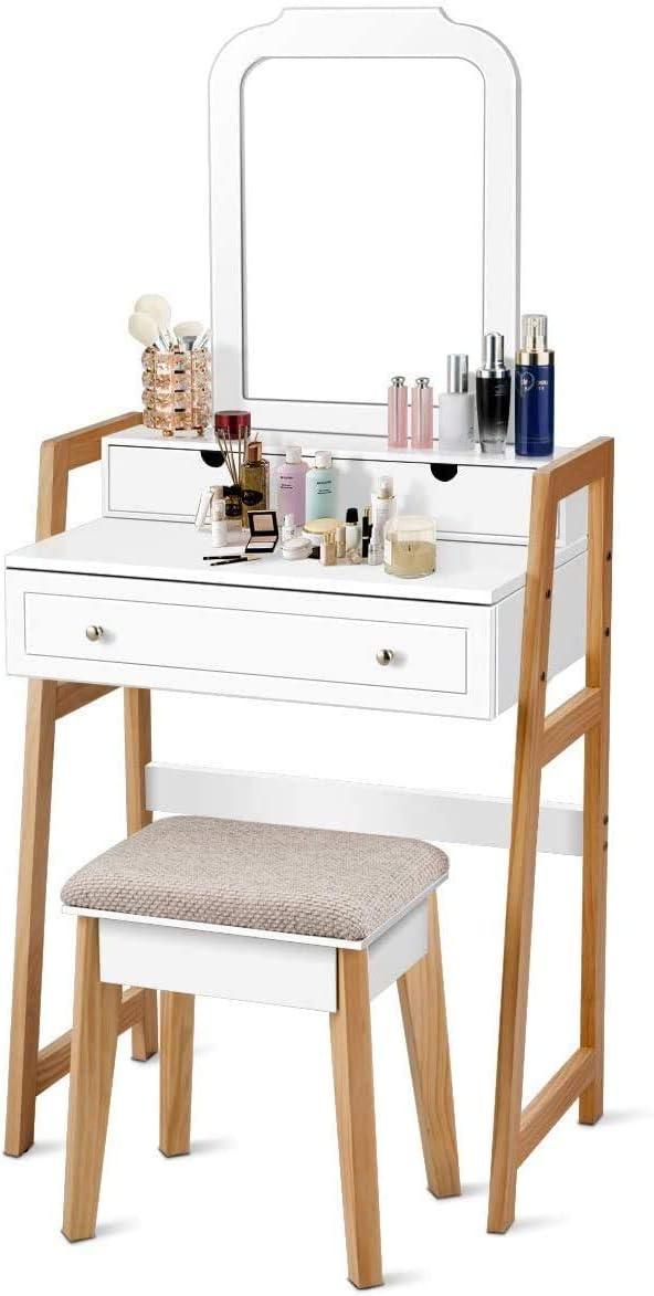 image:imageCHARMAID Small Vanity Desk with Mirror White Makeup Vanity Desk with 3 Drawers Adjustable Heights Compact Bedroom Dressing Table with Stool for Small SpaceWhite Natural No Light