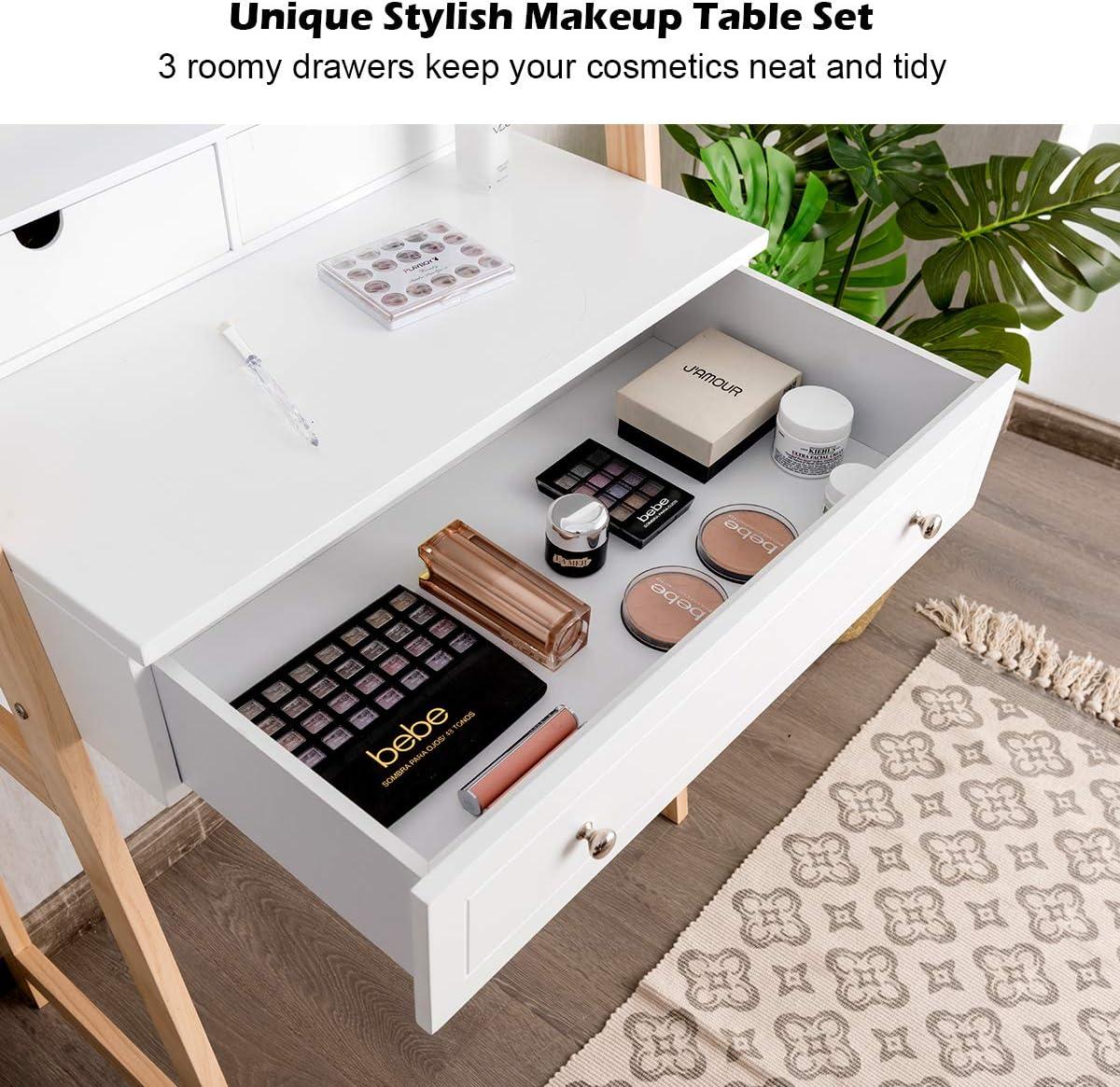 image:imageCHARMAID Small Vanity Desk with Mirror White Makeup Vanity Desk with 3 Drawers Adjustable Heights Compact Bedroom Dressing Table with Stool for Small SpaceWhite Natural No Light
