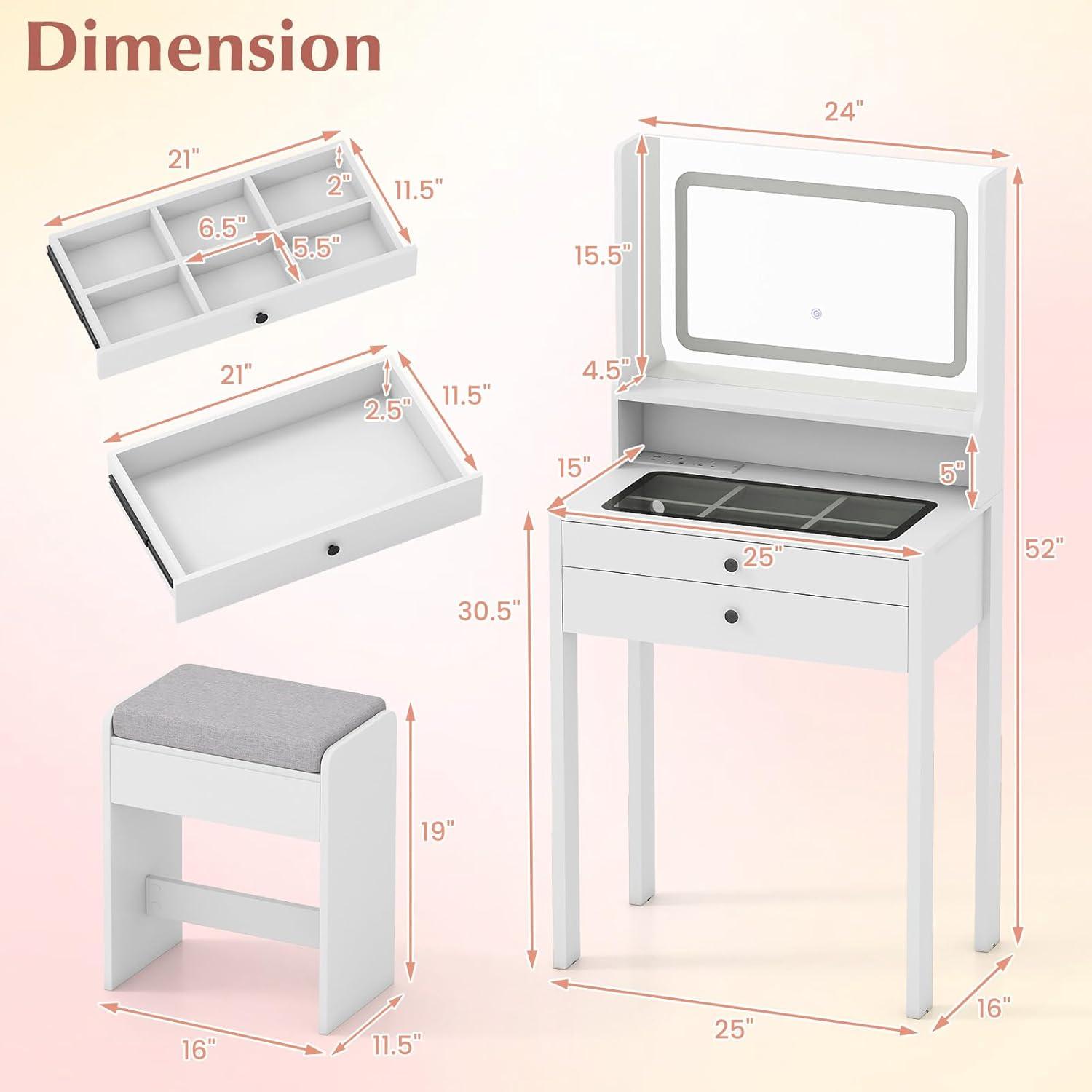 image:imageCHARMAID Small Vanity Desk with Mirror White Makeup Vanity Desk with 3 Drawers Adjustable Heights Compact Bedroom Dressing Table with Stool for Small SpaceWhite