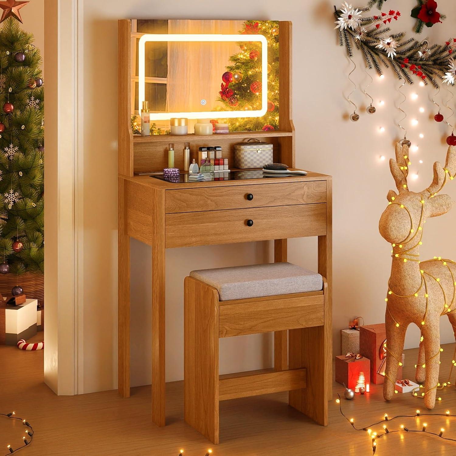 image:imageCHARMAID Small Vanity Desk with Mirror White Makeup Vanity Desk with 3 Drawers Adjustable Heights Compact Bedroom Dressing Table with Stool for Small SpaceRustic Oak