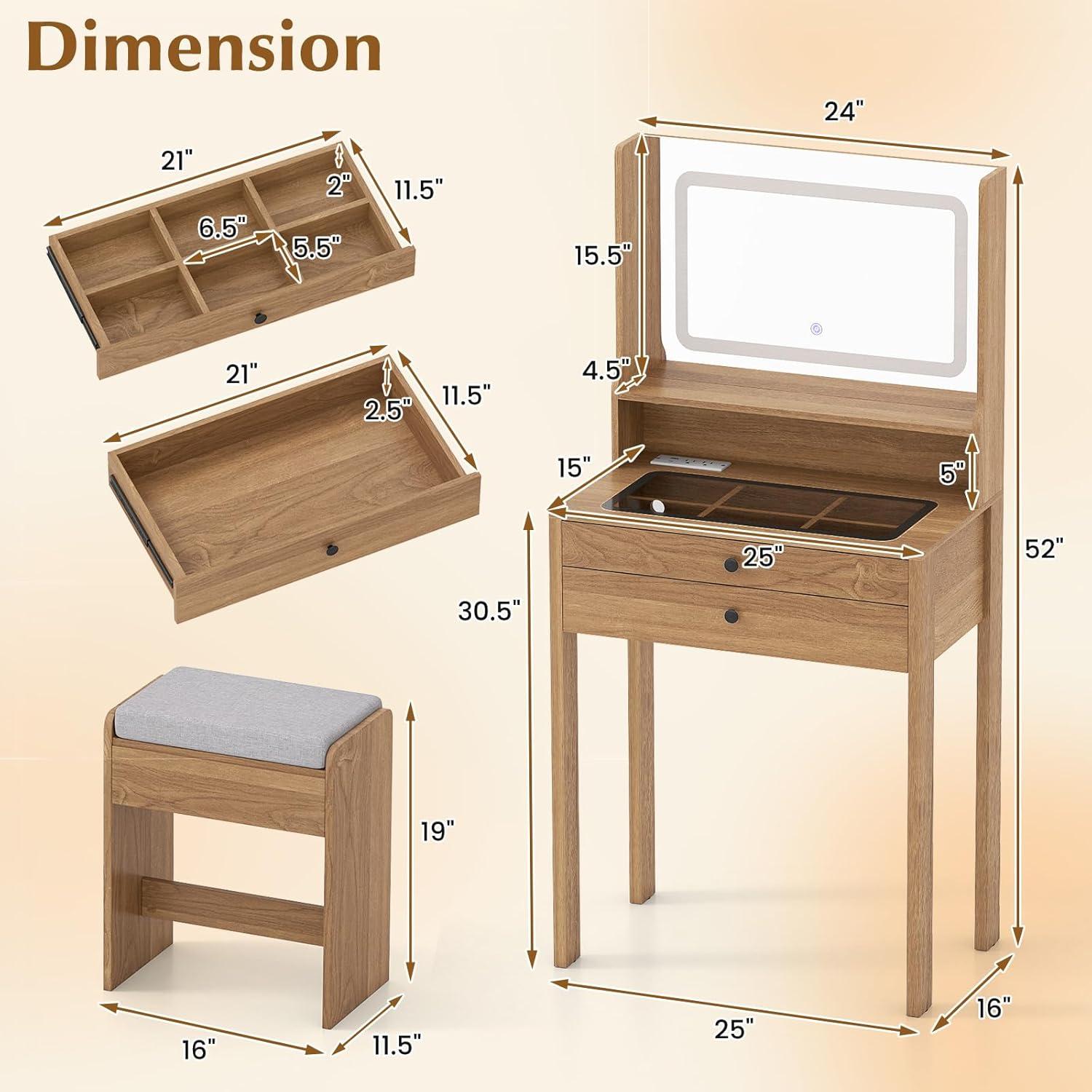 image:imageCHARMAID Small Vanity Desk with Mirror White Makeup Vanity Desk with 3 Drawers Adjustable Heights Compact Bedroom Dressing Table with Stool for Small SpaceRustic Oak