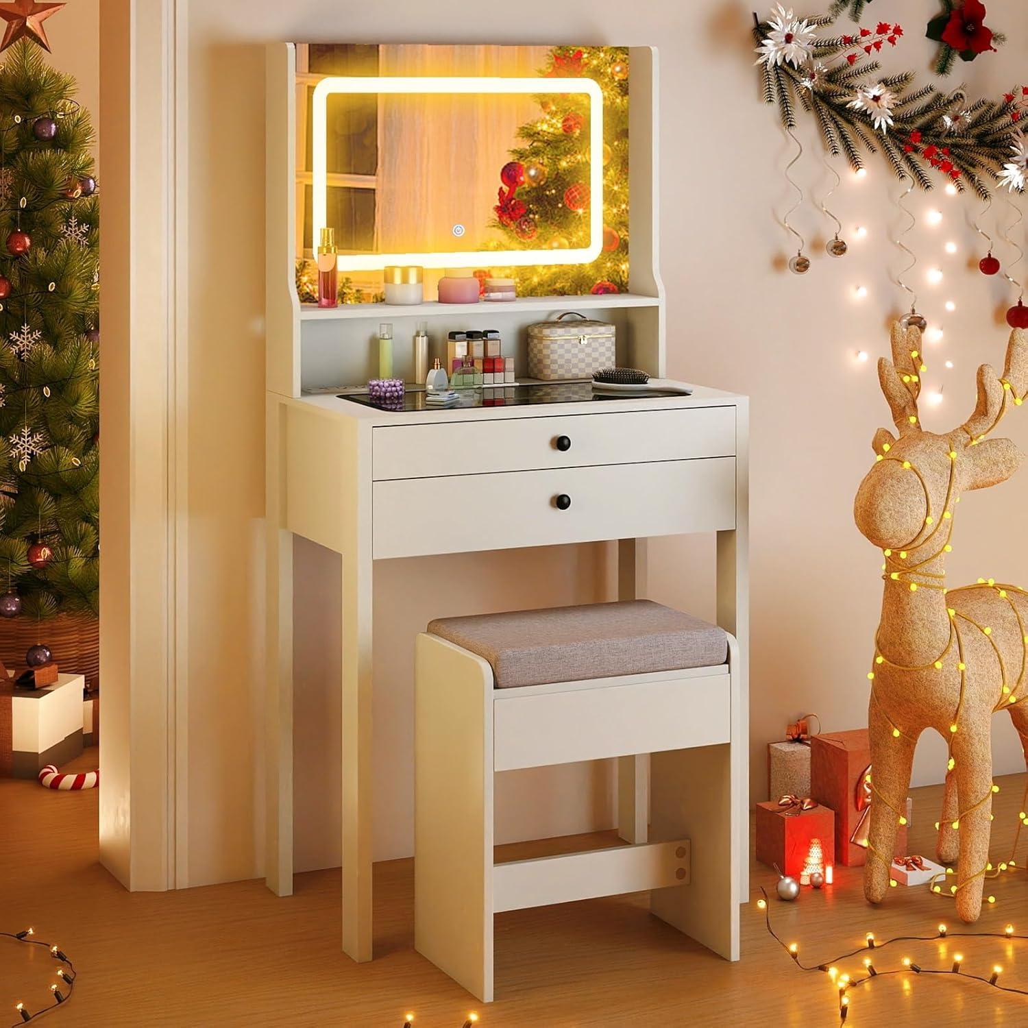 image:imageCHARMAID Small Vanity Desk with Mirror White Makeup Vanity Desk with 3 Drawers Adjustable Heights Compact Bedroom Dressing Table with Stool for Small SpaceWhite