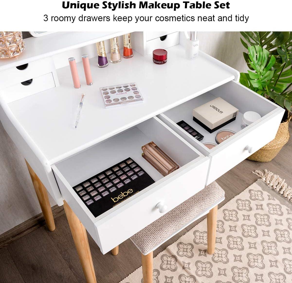 image:imageCHARMAID Small Vanity Desk with Mirror White Makeup Vanity Desk with 3 Drawers Adjustable Heights Compact Bedroom Dressing Table with Stool for Small SpaceWhite Natural No Light