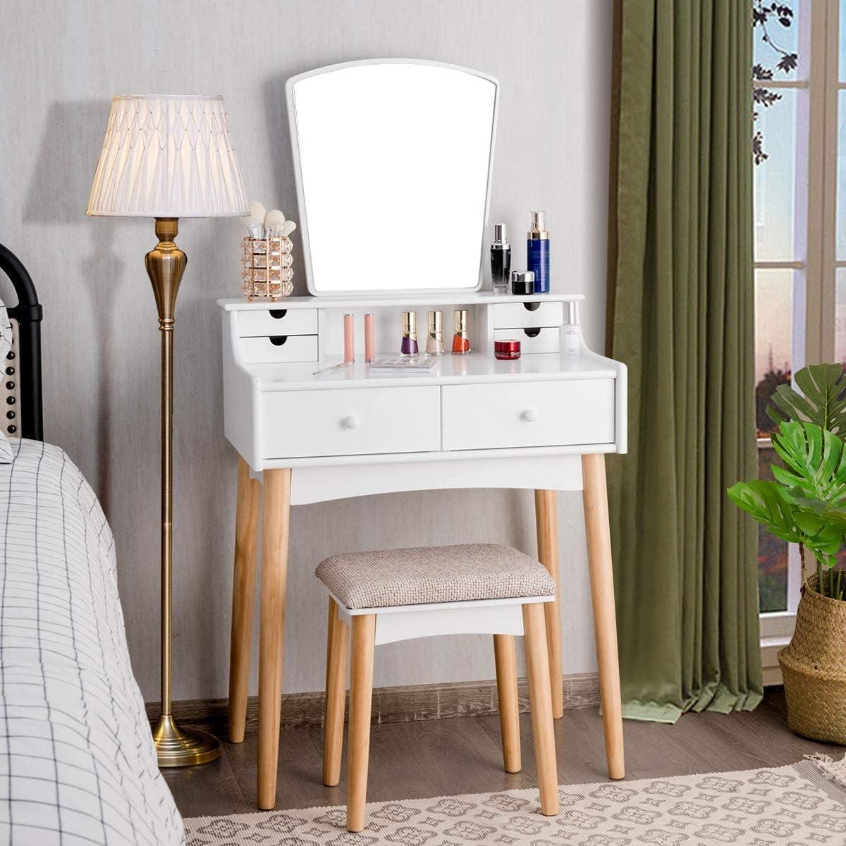 image:imageCHARMAID Small Vanity Desk with Mirror White Makeup Vanity Desk with 3 Drawers Adjustable Heights Compact Bedroom Dressing Table with Stool for Small SpaceWhite Natural No Light