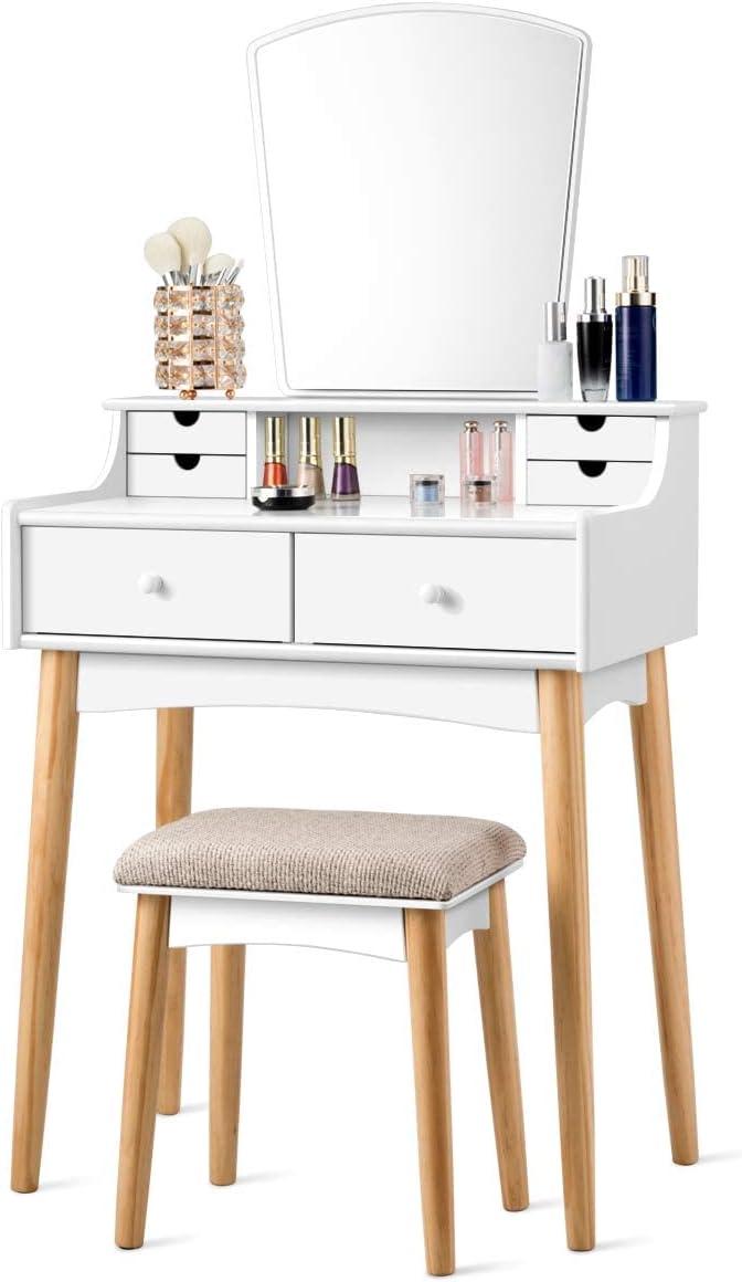 image:imageCHARMAID Small Vanity Desk with Mirror White Makeup Vanity Desk with 3 Drawers Adjustable Heights Compact Bedroom Dressing Table with Stool for Small SpaceWhite Natural No Light