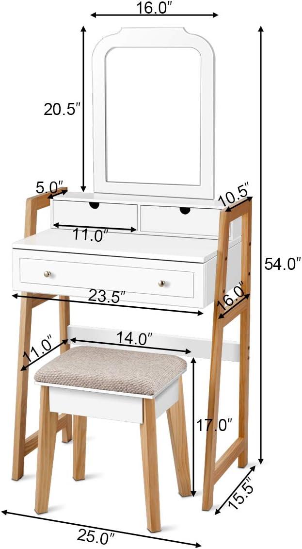 image:imageCHARMAID Small Vanity Desk with Mirror White Makeup Vanity Desk with 3 Drawers Adjustable Heights Compact Bedroom Dressing Table with Stool for Small SpaceWhite Natural No Light