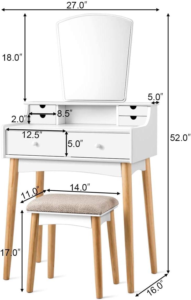 image:imageCHARMAID Small Vanity Desk with Mirror White Makeup Vanity Desk with 3 Drawers Adjustable Heights Compact Bedroom Dressing Table with Stool for Small SpaceWhite Natural No Light