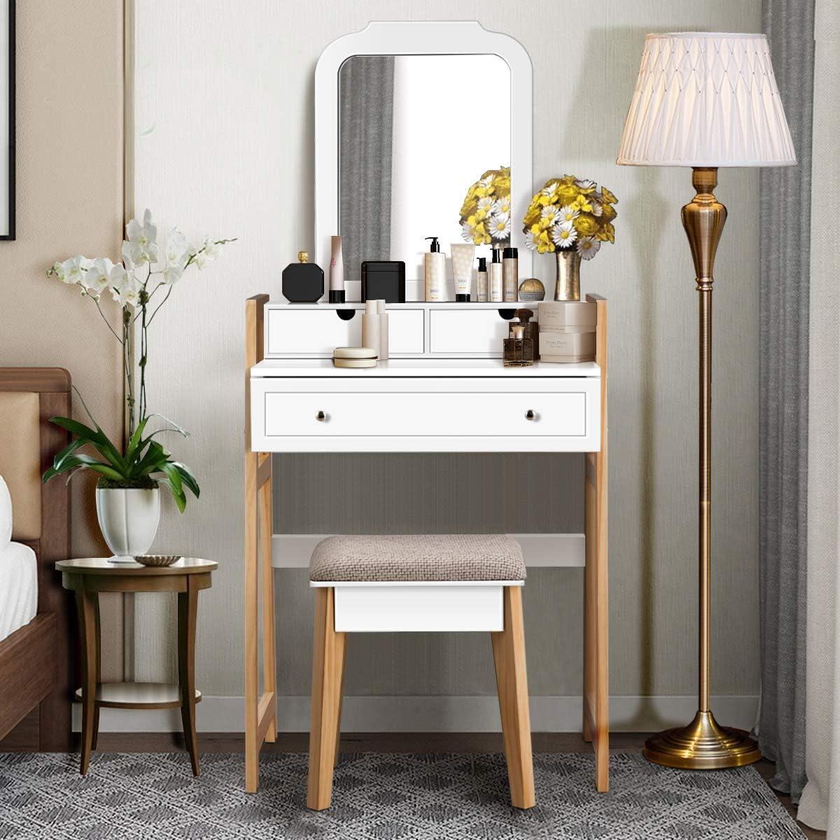 image:imageCHARMAID Small Vanity Desk with Mirror White Makeup Vanity Desk with 3 Drawers Adjustable Heights Compact Bedroom Dressing Table with Stool for Small SpaceWhite Natural No Light