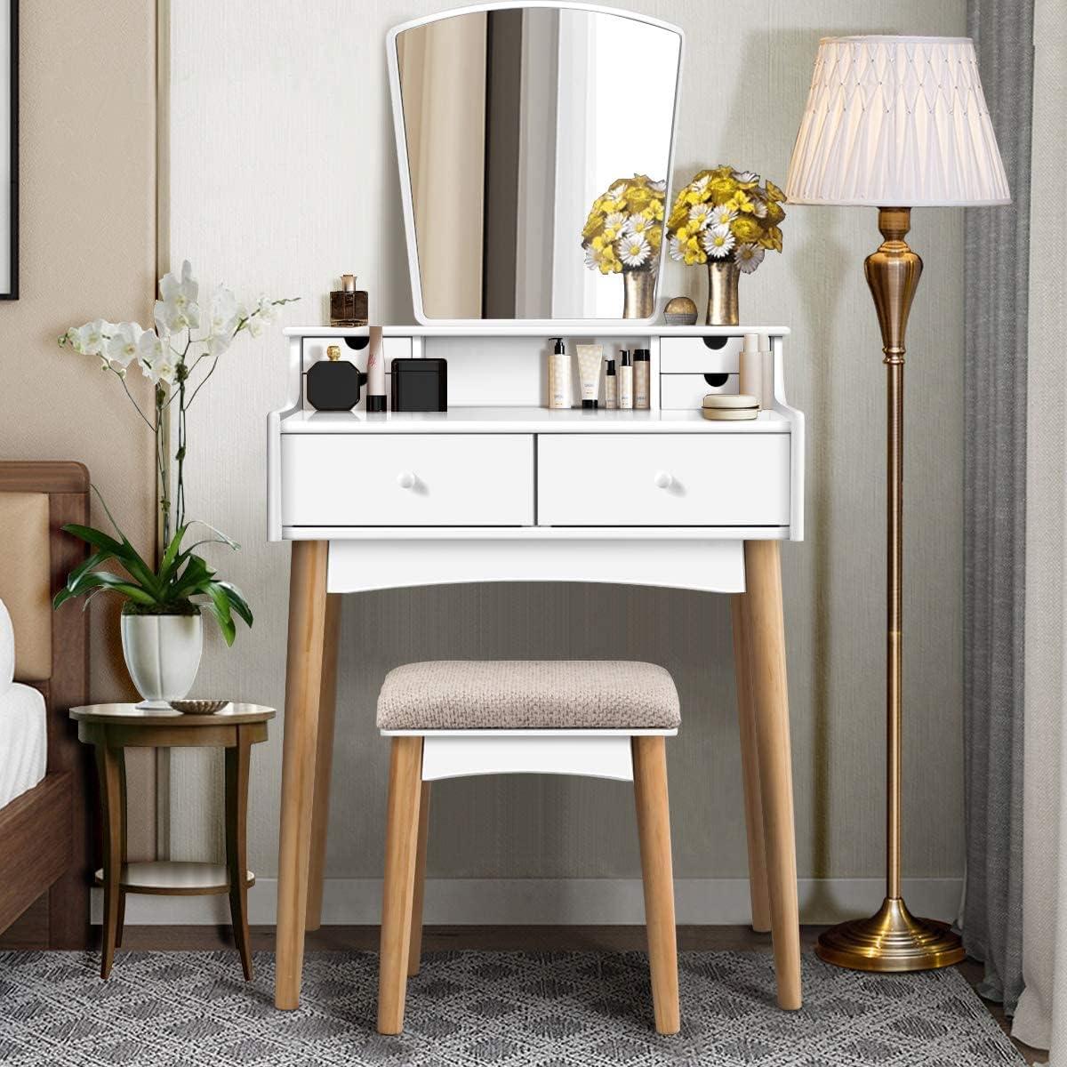 image:imageCHARMAID Small Vanity Desk with Mirror White Makeup Vanity Desk with 3 Drawers Adjustable Heights Compact Bedroom Dressing Table with Stool for Small SpaceWhite Natural No Light